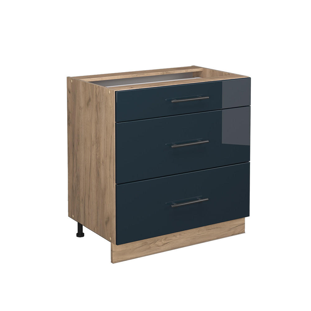 KÜCHENUNTERSCHRANK Fame-Line Dunkelblau Hochglanz 80 cm mit 3 Schubladen ohne AP - Honigeiche/Eiche Wotan, Holzwerkstoff (80/82/51.6cm) - Vicco
