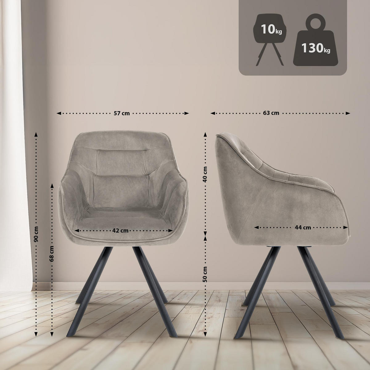 ARMLEHNENSTUHL Samt grau - Schwarz/Grau, Textil/Metall (57/90/63cm) - CLP