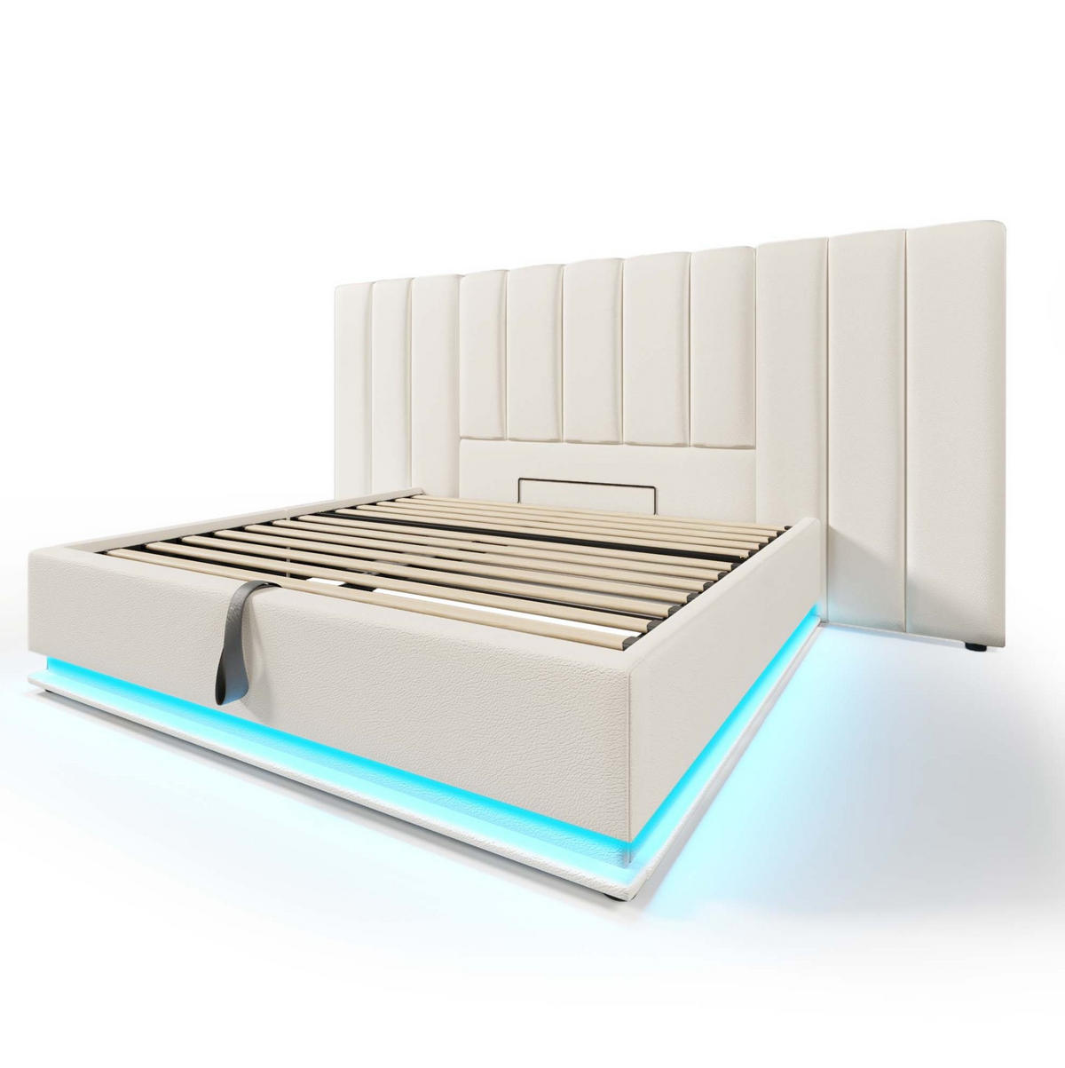 POLSTERBETT 180/200 cm mit hydraulischem Bettkasten, LED-360° & USB/USB-C, PU Weiß - Weiß, Kunststoff (180/200cm) - Redom