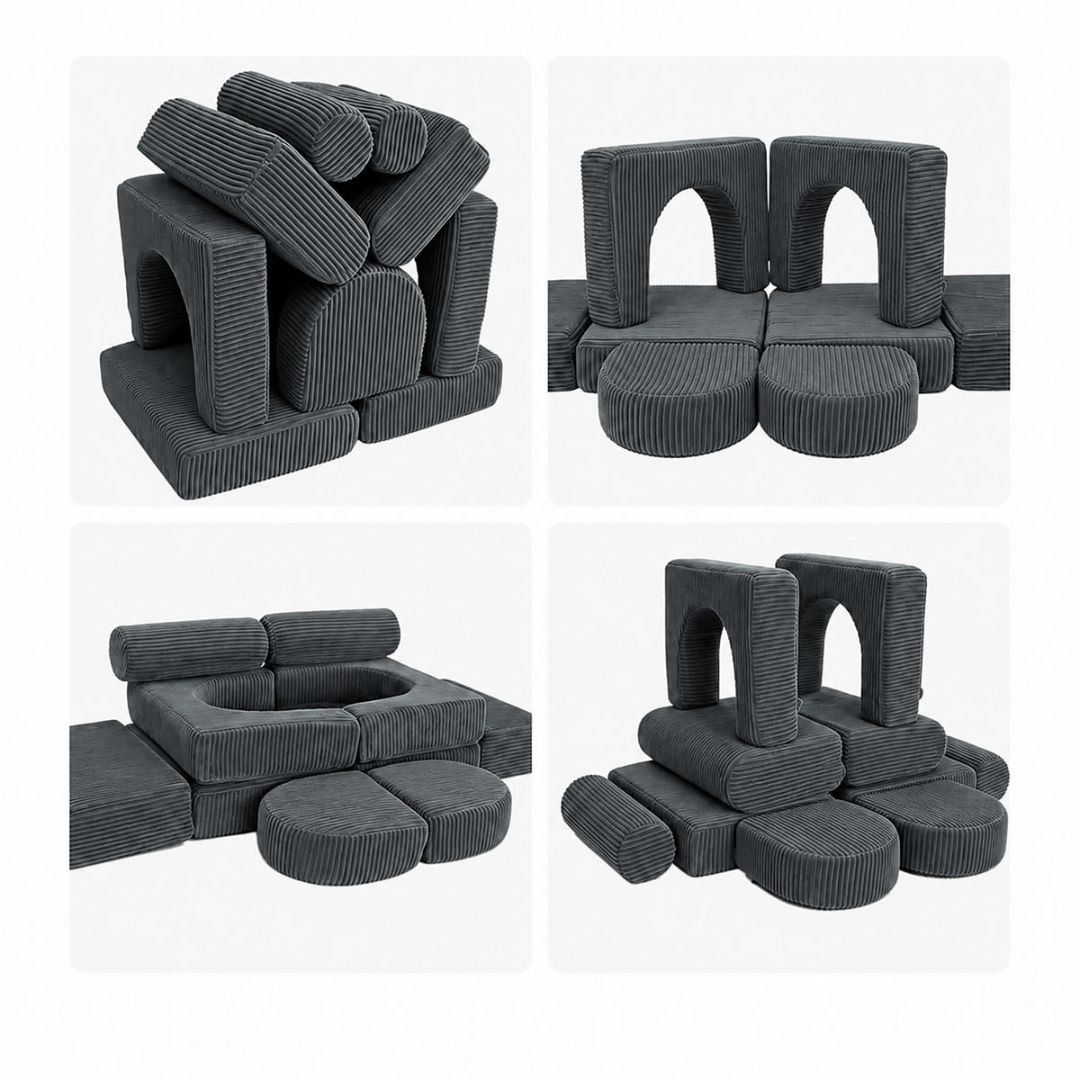 KINDERSOFA Anthrazit modular 10-tlg. - Anthrazit, Kunststoff/Textil (108/32/50cm) - Relaxdays