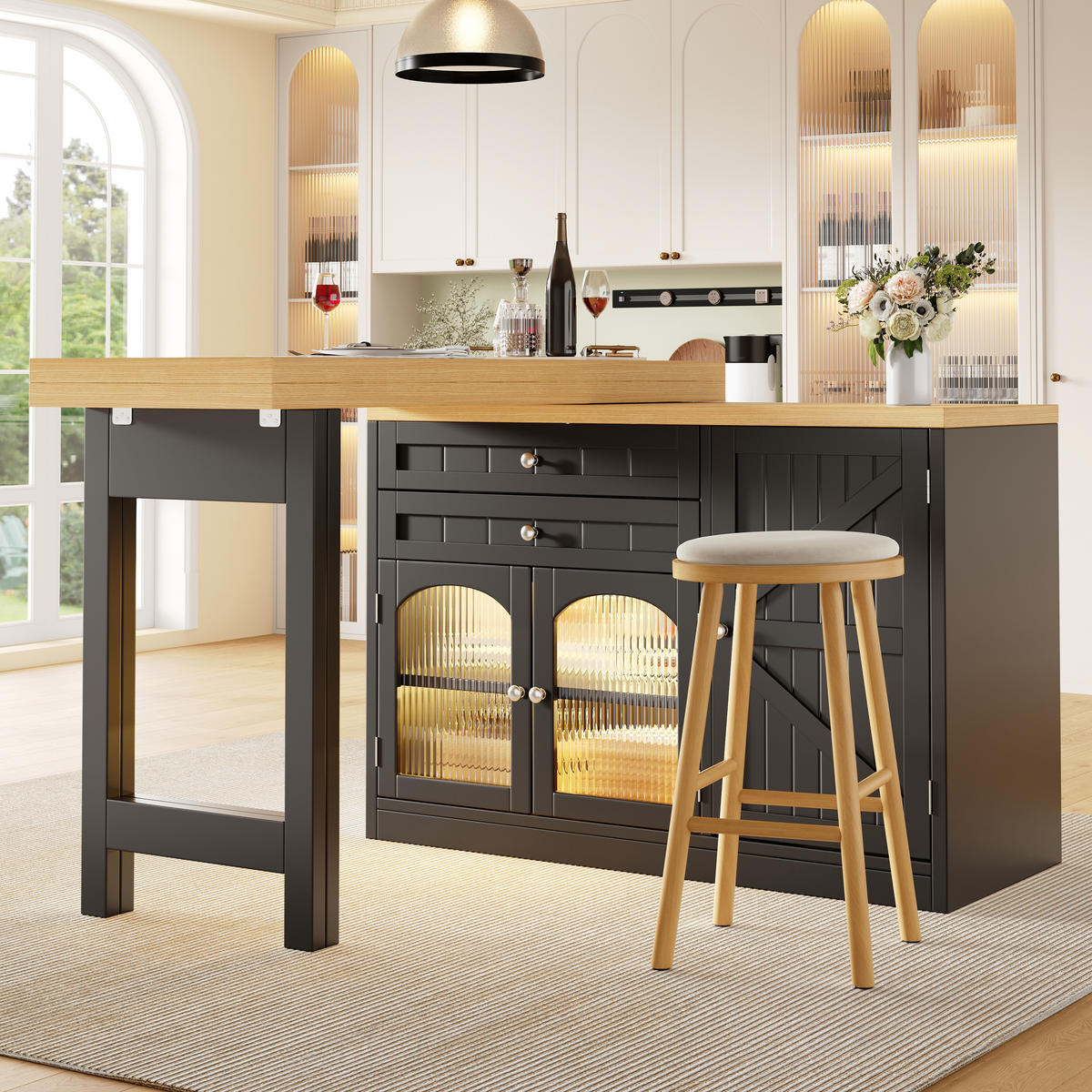 KÜCHENINSEL Ausziehbar 120 194cm 360° Drehbar Glastüren Schwarz - Schwarz, Metall (120/73.5/40cm) - FLIEKS