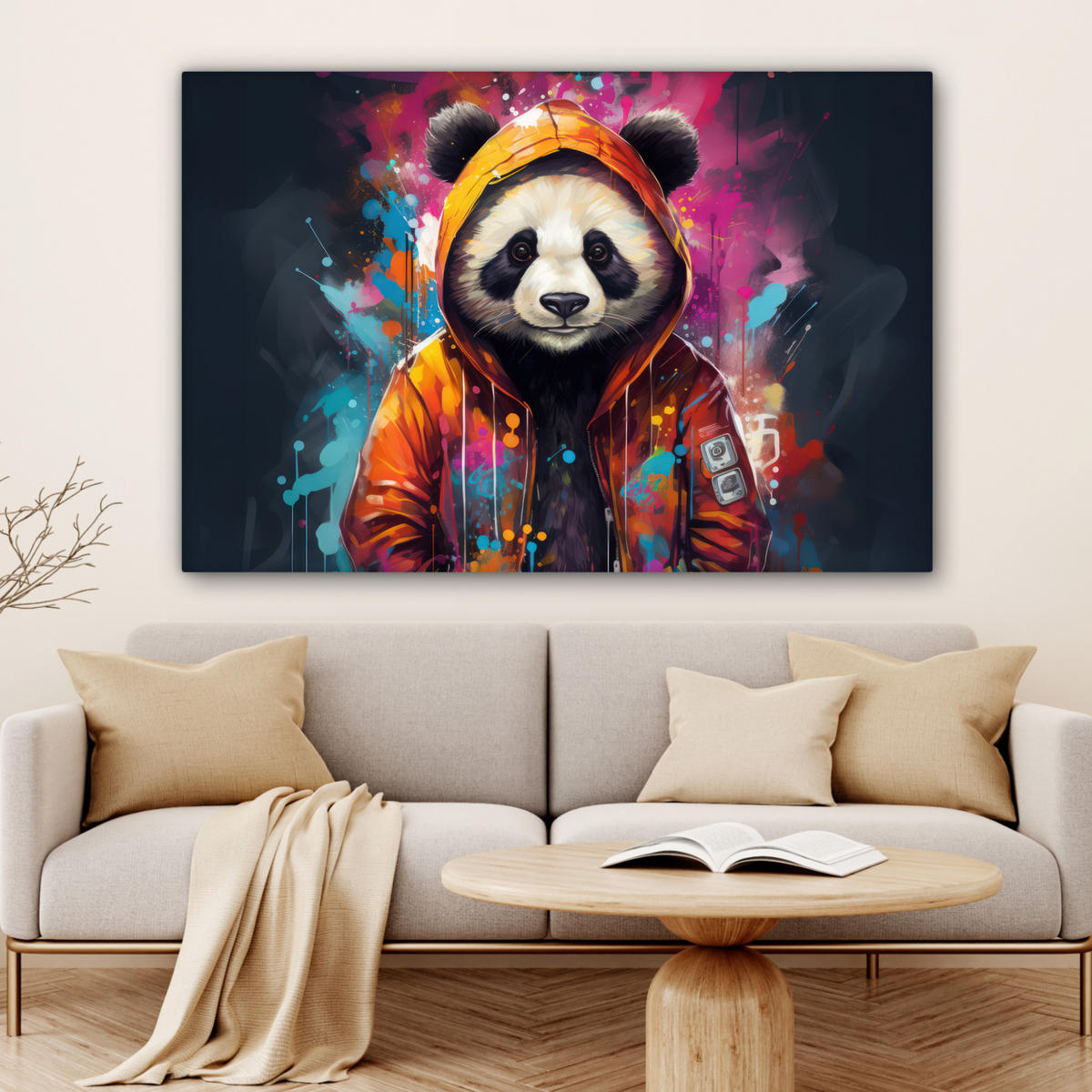 LEINWANDBILD Panda - Jacke - Graffiti - Orange XXL 150x100 cm - Orange, Textil (150/100cm) - MuchoWow