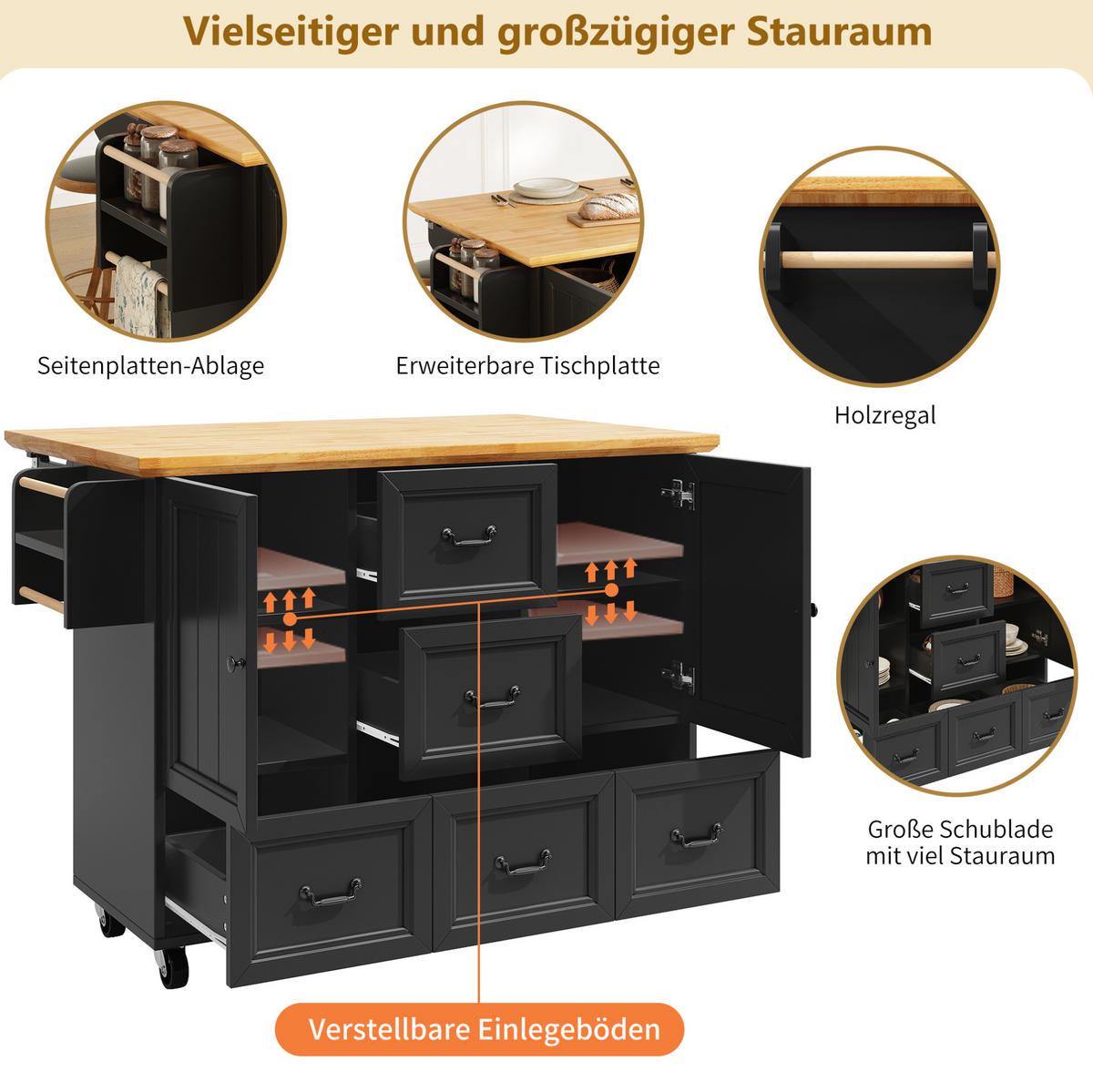 KÜCHENINSEL mit klappbarer Tischplatte & Rollen, 120/45/93 cm, Schwarz - Schwarz, Holzwerkstoff (120/93/45cm) - Redom