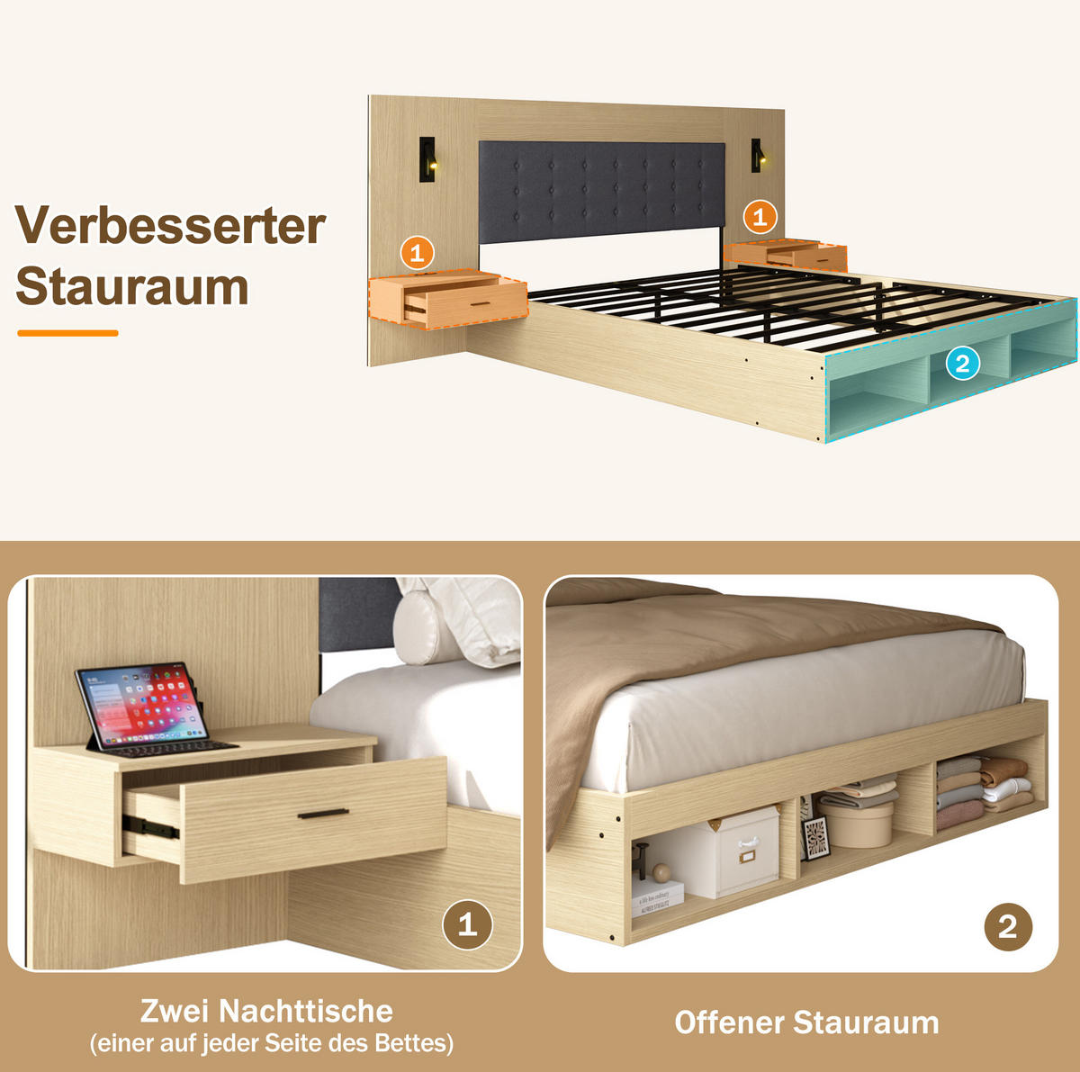 KREVET 160/200 cm sa spremištem, USB i Type-C priključkom, rasvjetom za čitanje i 2 noćna ormarića, Svijetli hrast - boje hrasta, drvni materijal (180/200cm) - Redom
