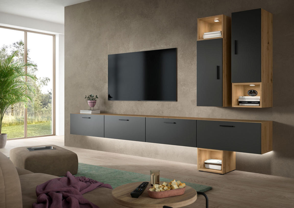 WOHNWAND INKL BELEUCHTUNG The One Basalt grau 300/34/178 cm - Braun, Holzwerkstoff (300/178/34cm) - Xonox