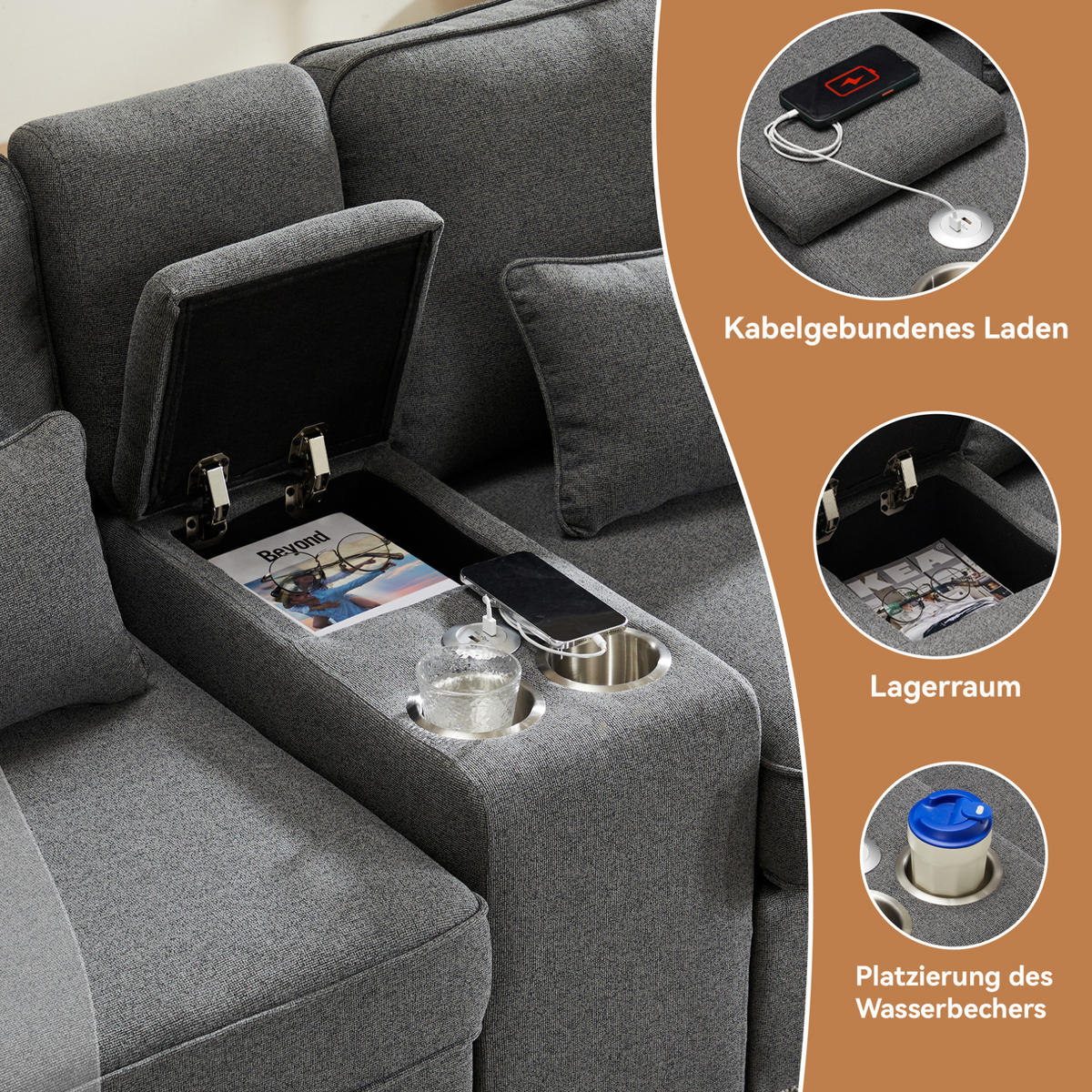 4-SITZER Sofa 290/83/88 cm Dunkelgrau aus Leinen mit USB-Anschluss und Getränkehaltern - Dunkelgrau, Textil (83/88/290cm) - OKMYHOME