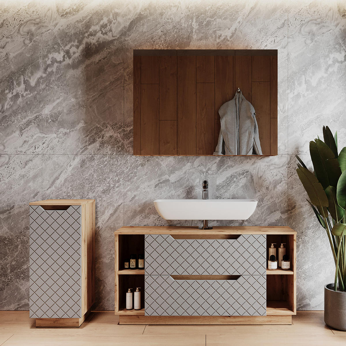 KOUPELNOVÝ NÁBYTEK Lotta Dub/šedá se strukturou dlaždic - šedá/barva dubu, kompozitní dřevo (119.2/62.5/35cm) - Vicco