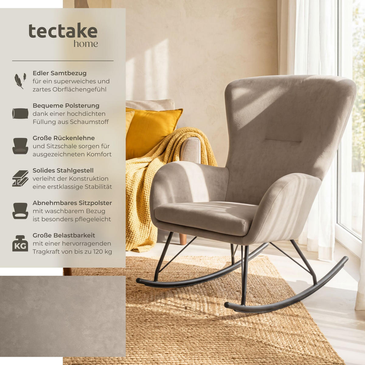 SCHAUKELSTUHL Swing, 70 x 93 x 100 cm, Belastbarkeit 120 kg, schwarz/taupe - Taupe/Schwarz, Kunststoff (70/100/93cm) - tectake