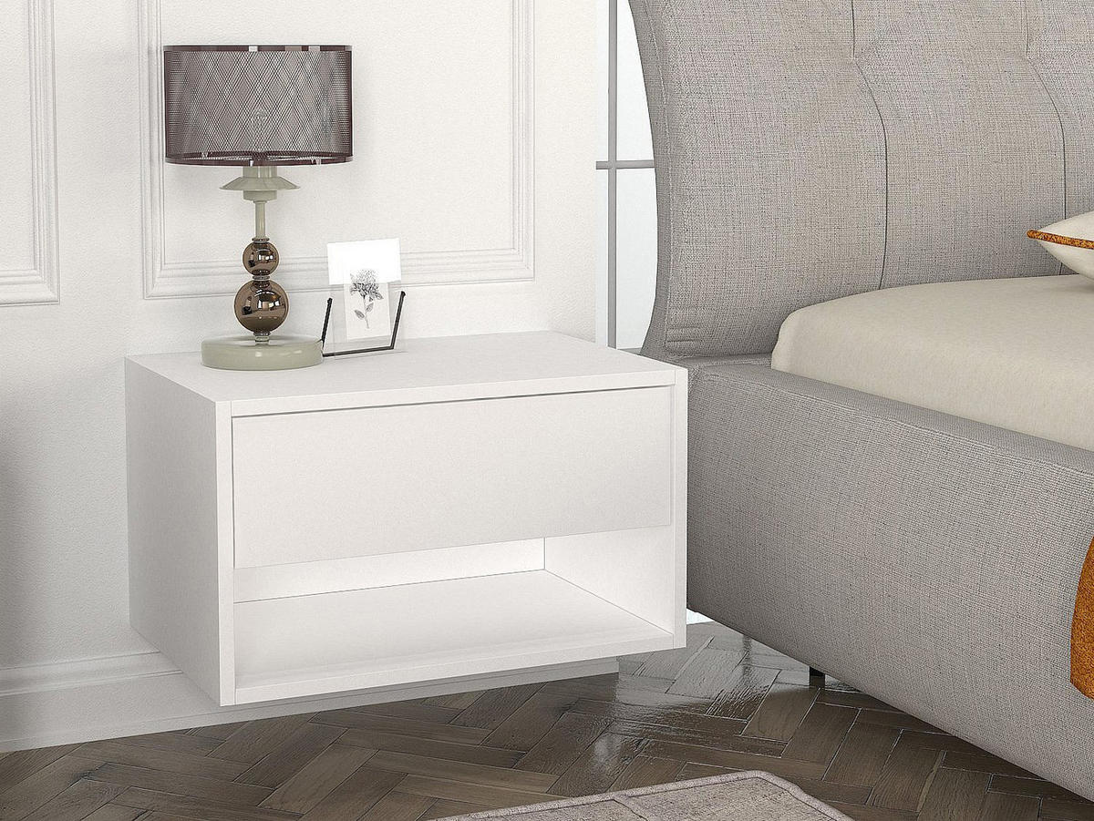 2ER-SET Nachttische hängend - 1 Schublade & 1 Ablage - Weiß - RITAMI - Weiß, Holz (60/35/40cm) - Vente-Unique