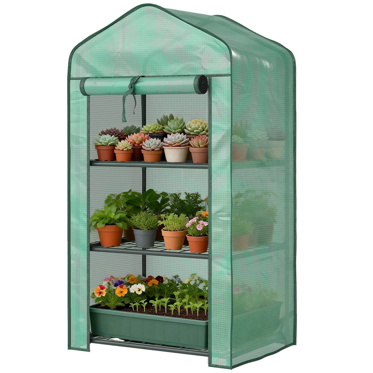 GEWÄCHSHAUS DE-12089 mit 3 Etagen & Rolltür Grün - Grün, Kunststoff (39/127/59cm) - ComfortXL