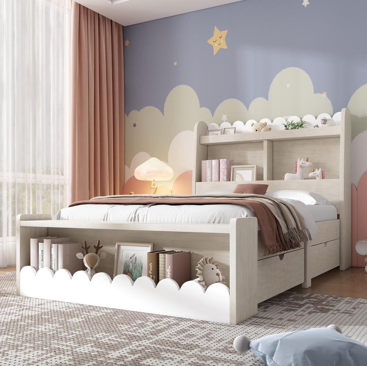 KINDEREINZELBETTEN aus Massivholz & MDF 90x200 cm in Beige mit Schubladen & Regal - Beige, Holzwerkstoff (90/200cm) - Modfu