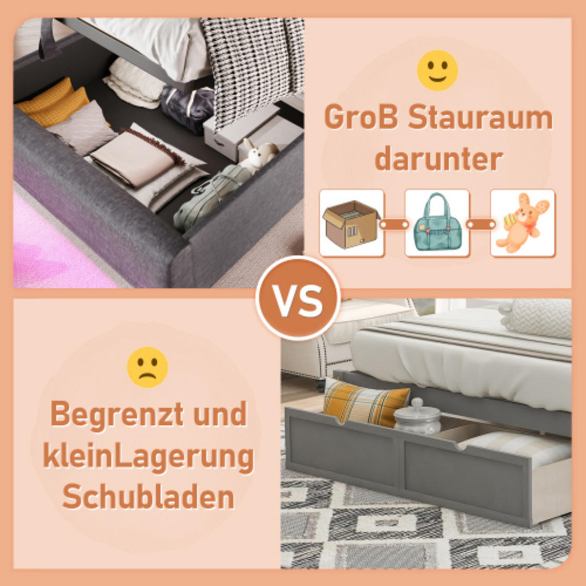 POLSTERBETT 90 × 200 cm mit Leinenbezug, hydraulischem Stauraum, 16-Farben-LED-Leiste und USB-Anschluss, grau - Grau, Textil (90/200cm) - Luhomfu
