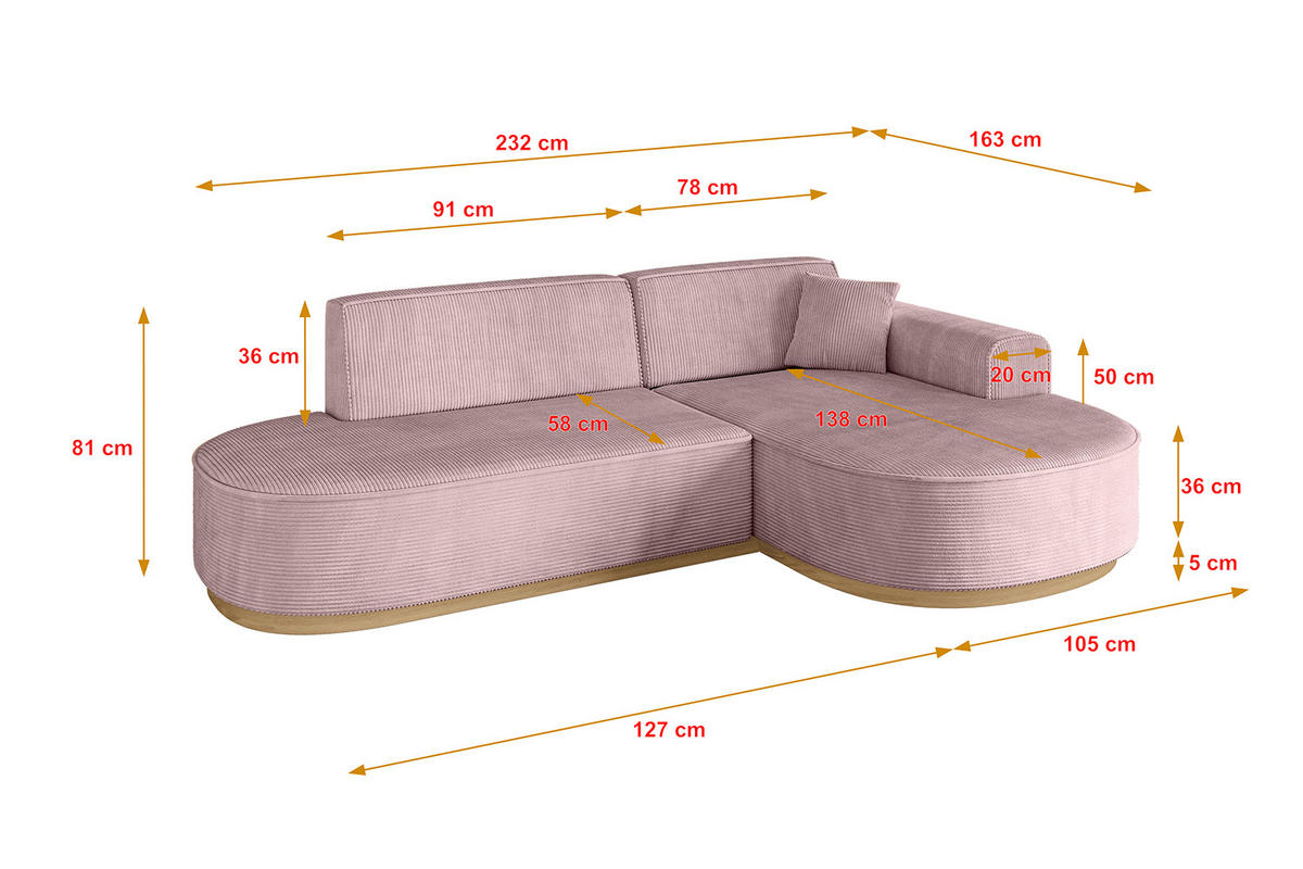 ECKSOFA Ottomane Rechts MARI-L1-v2 - 243x171x83 cm Rosa Cord - Rosa, Holzwerkstoff/Textil (171/243cm) - ALTDECOR