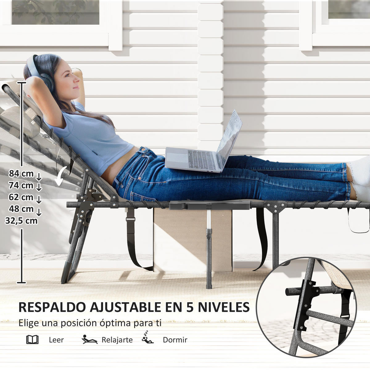 SONNENLIEGE Klappbare Sonnenliege, 190 x 60 x 31 cm ,Creme - Creme, Metall (60/31/190cm) - Vallsero