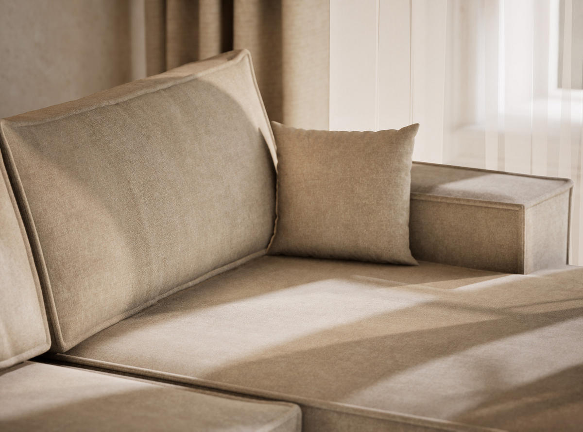 WOHNLANDSCHAFT Kyoto Beige Webstoff - Beige/Schwarz, Holz/Holzwerkstoff (398/70/148cm) - Maison de Reve