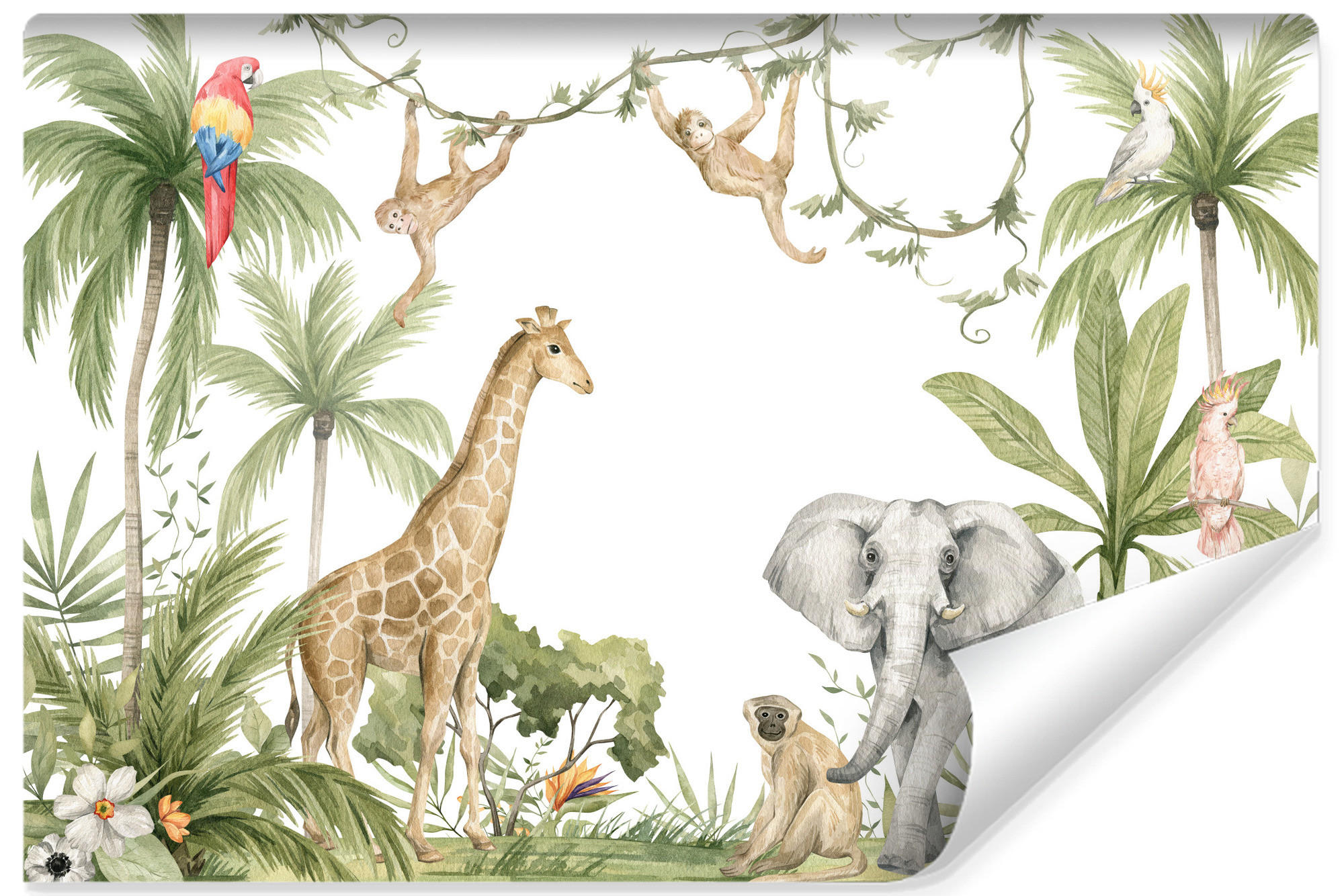 FOTOTAPETE für Kinderzimmer TIERE tropische Pflanzen Natur 300x210cm - Rot/Weiß, Papier (300/210cm) - Muralo