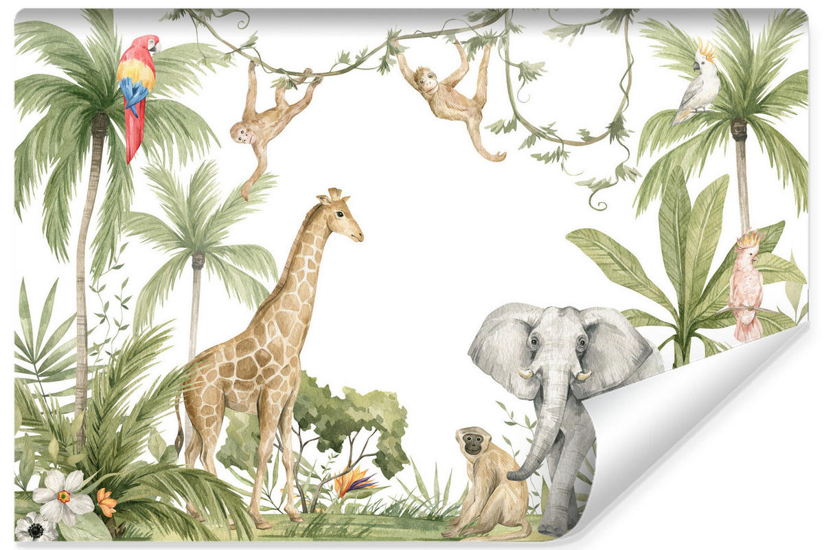 FOTOTAPETE für Kinderzimmer TIERE tropische Pflanzen Natur 460x300cm - Rot/Weiß, Papier (460/300cm) - Muralo