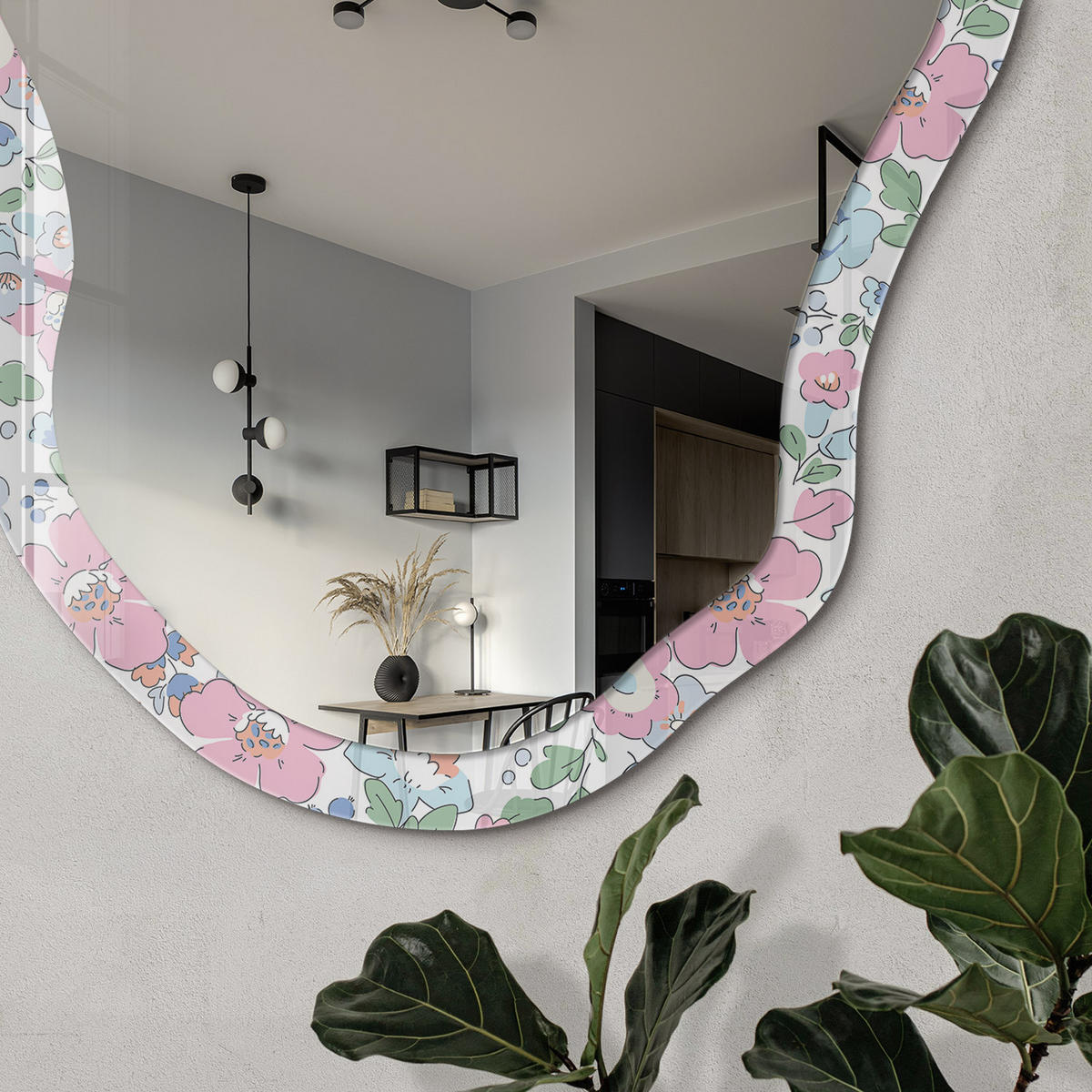 SPIEGEL 90x45 cm asymmetrisch mit Druck - Blumenwiese - Transparent, Glas (45/90/0.4cm) - TULUP