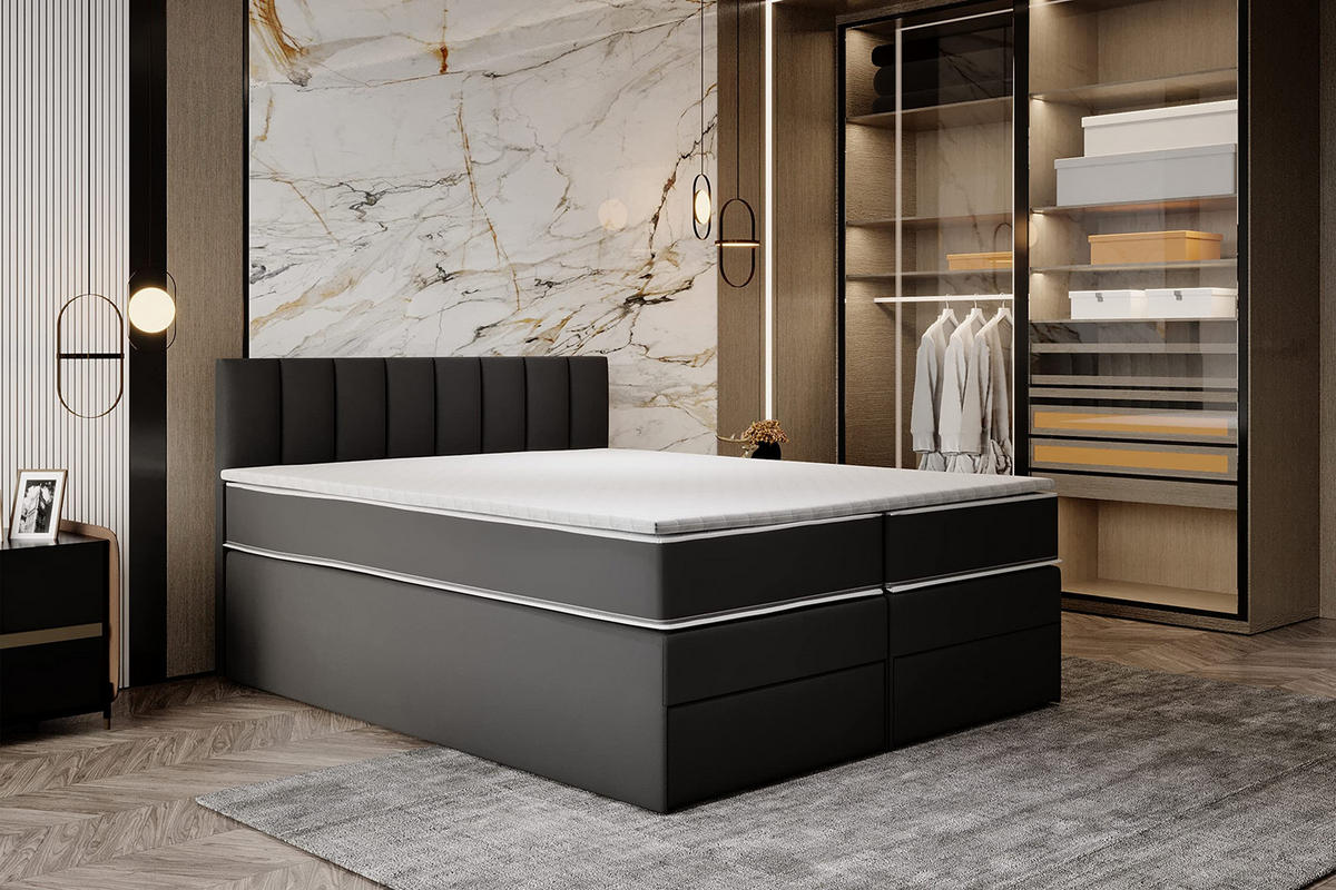 KONTINENTALBETT 200x220 cm mit Schubladen und Taschenmatratze, MIAMI, Visco Topper 5 cm, Schwarz - Schwarz, Holzwerkstoff/Kunststoff (200/220cm) - Trada