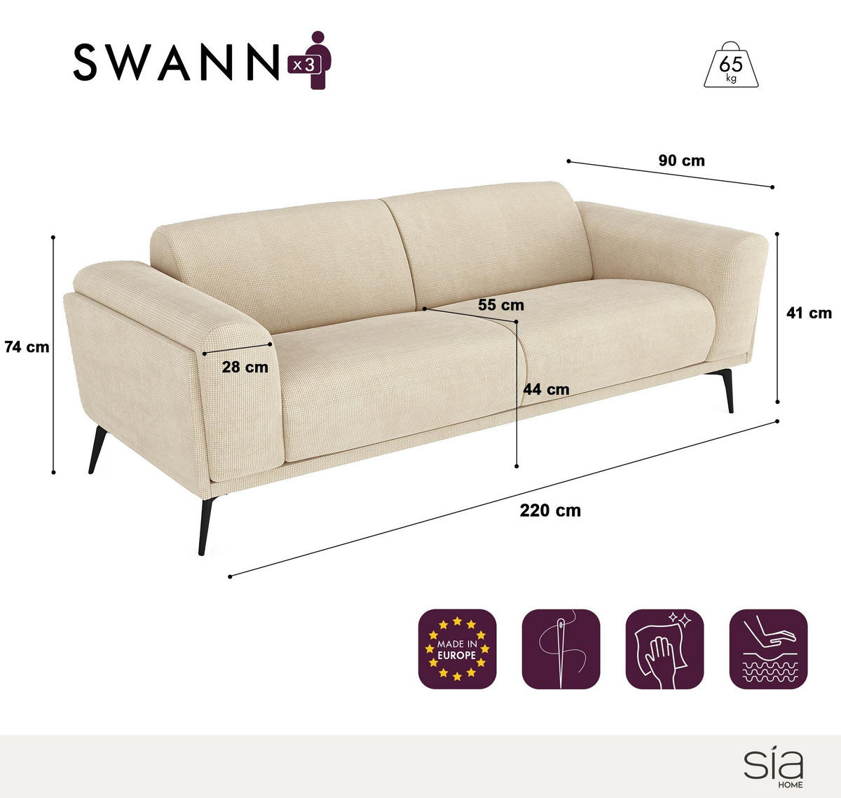 SOFA 3-SITZER Texturierter Samt Smaragdgrün 220cm - Smaragdgrün, Textil (220/74/90cm) - Sia Home