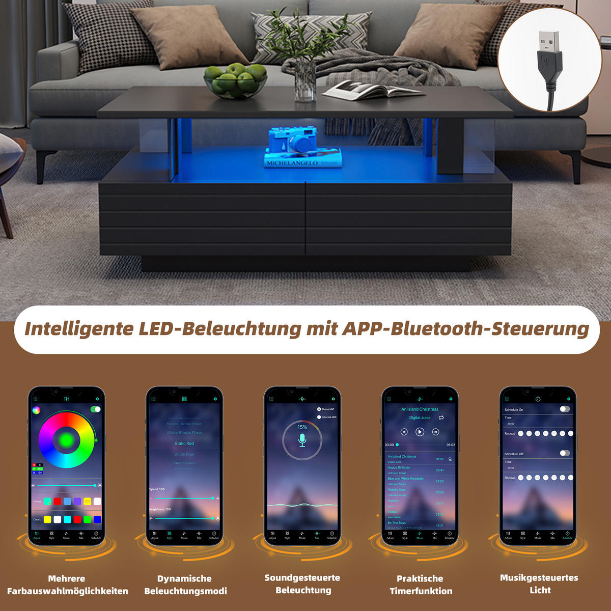 COUCHTISCH in Schwarz Wohnzimmertisch mit Schubladen, LED, B100/T50/H42.5cm - Schwarz, Kunststoff (50/100/42.5cm) - STILVORA