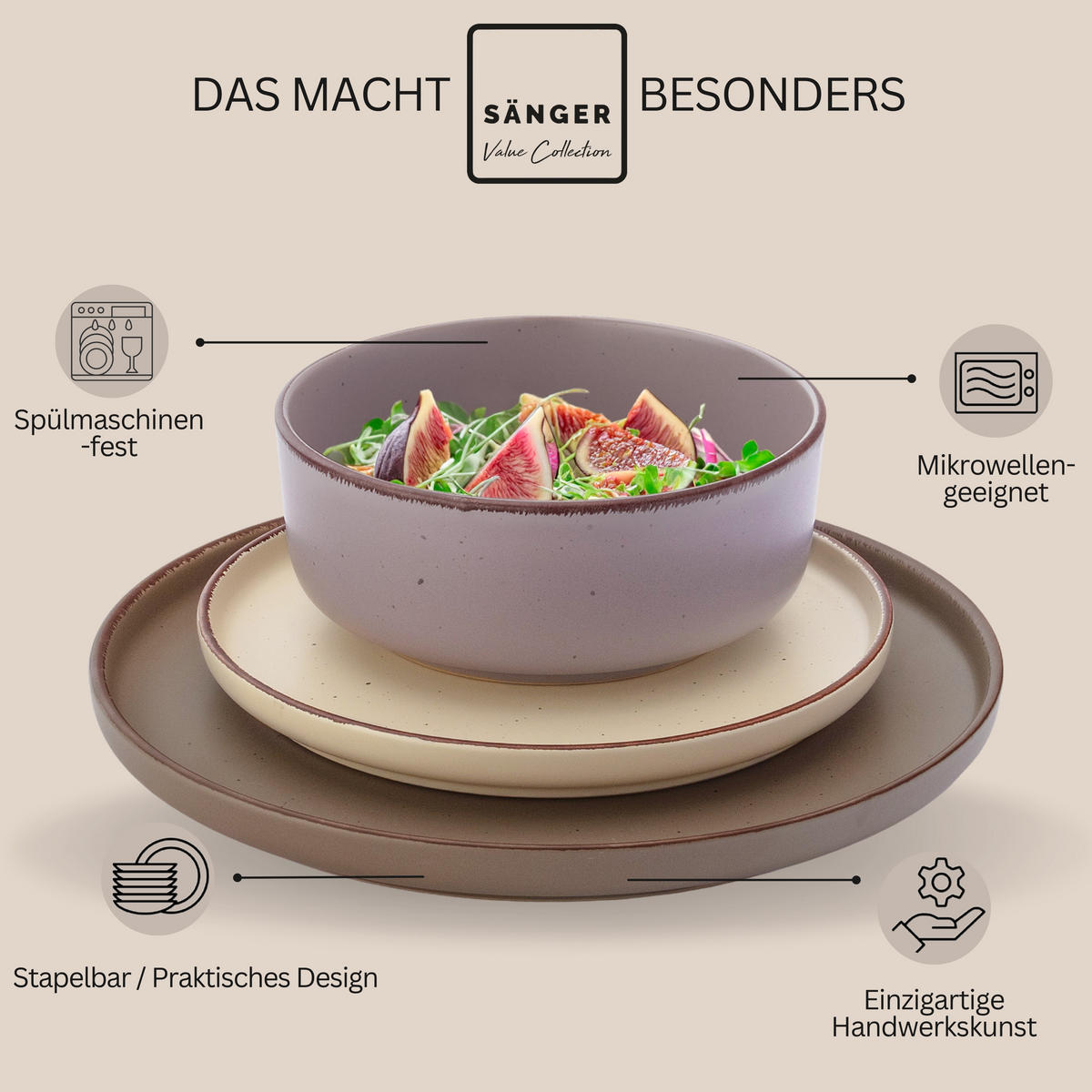 TAFELSERVICE BOMBAY ERDFARBEN - 36 teilig aus Steingut 12 Personen - Multicolor/Braun, Stein (50/30/80cm) - Sänger