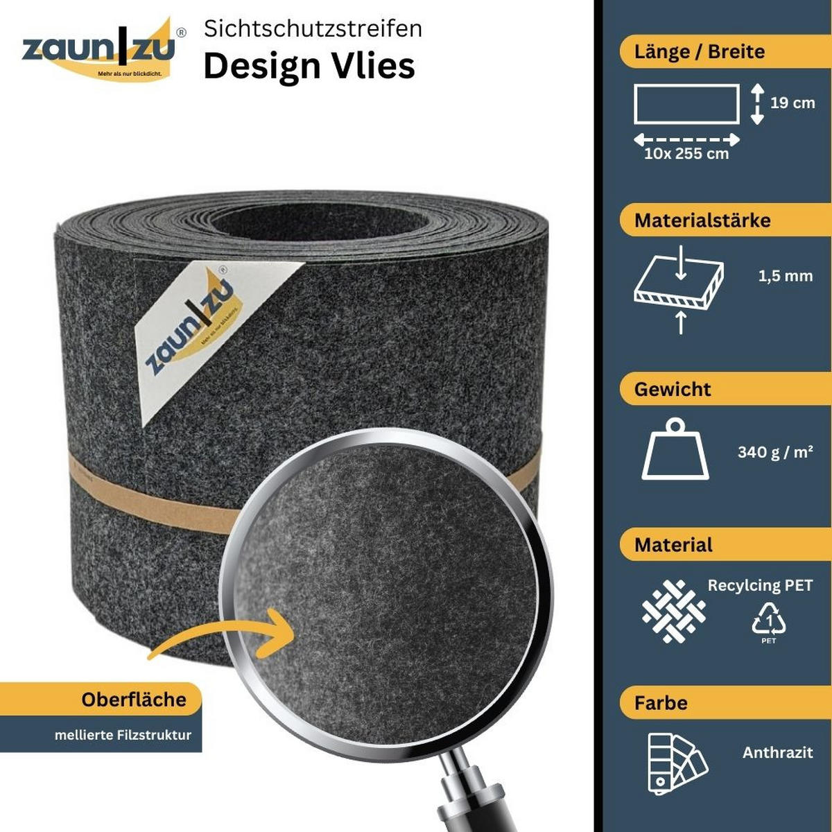 SICHTSCHUTZSTREIFEN Design Vlies für Doppelstabmatten Anthrazit 10x 2,55m - Anthrazit, Kunststoff (255/19cm) - ZAUN|ZU