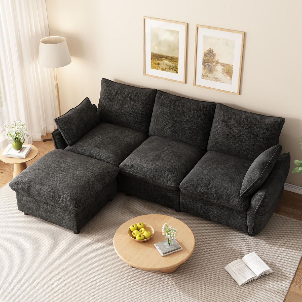 ECKSOFA 222.5/154.5/76.5 cm Dunkelgrau Chenille mit 1 Fußhocker - Dunkelgrau, Textil (222.5/154.5cm) - Oxeza