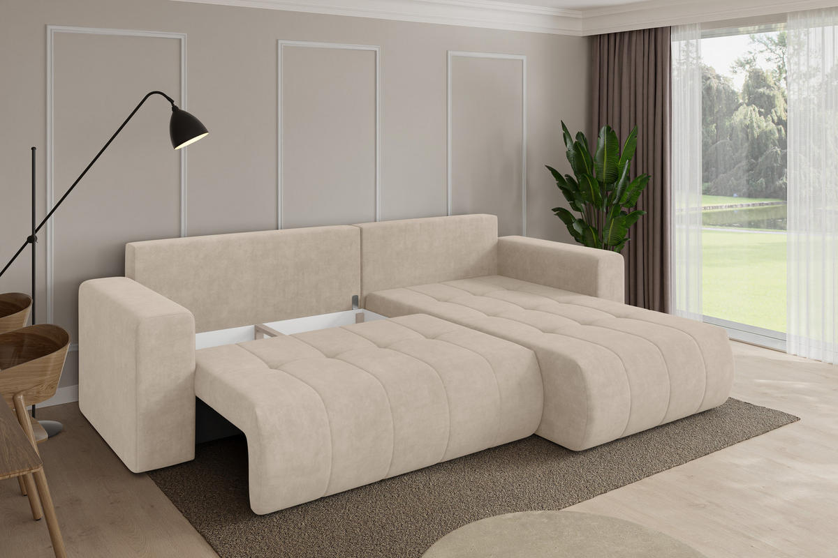 ROHOVÁ SEDAČKA s funkcí spaní, otoman vpravo MILA-L 277x194x86 béžová velur - černá/Sahara, kompozitní dřevo/textil (277/194cm) - ALTDECOR