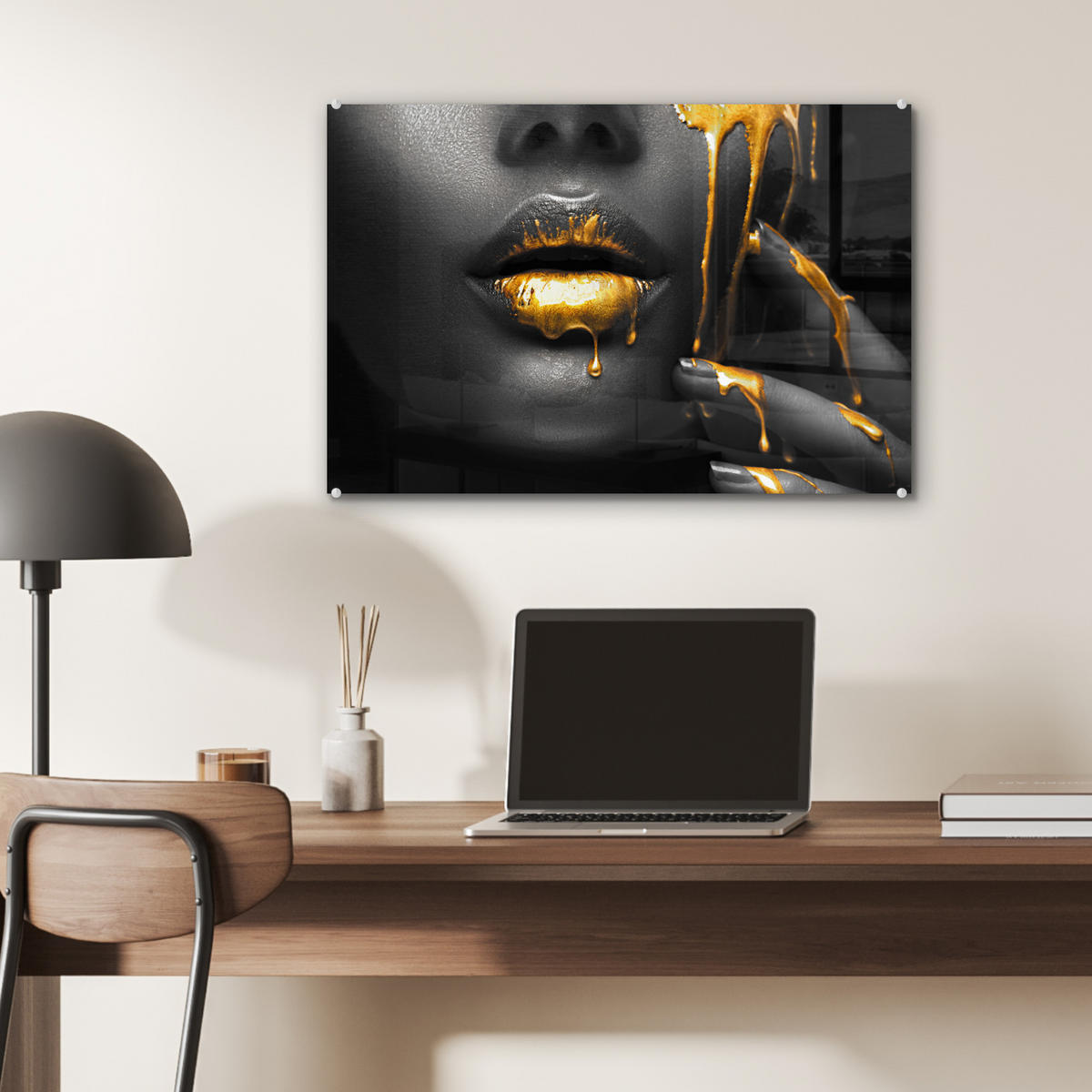 ACRYLGLASBILD Frau - Schwarz - Gold - Gesicht - Lippen 60x40 cm - Goldfarben, Glas (60/40cm) - MuchoWow