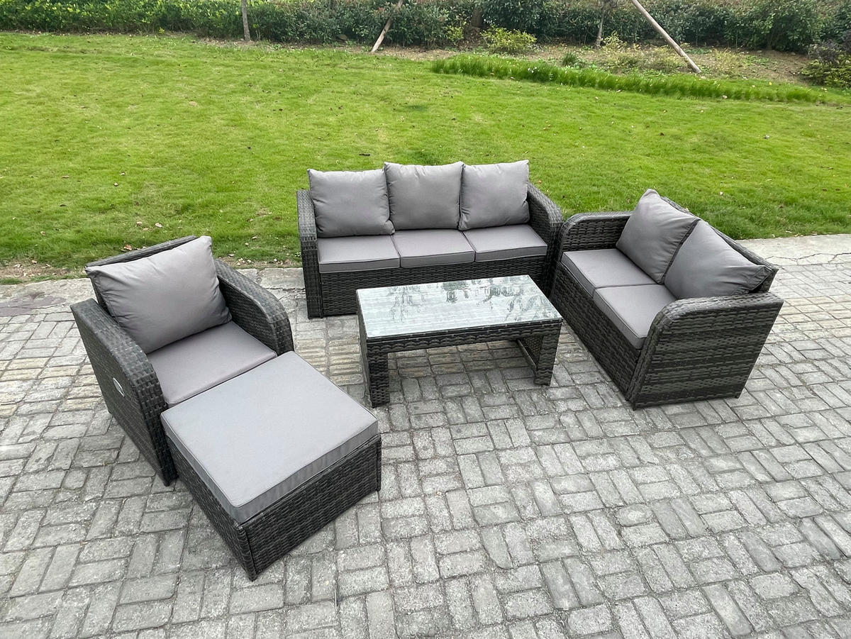 GARTENSOFA SET mit rechteckigem COUCHTISCH Polyrattan 7-Sitzer Dunkelgrau - Dunkelgrau/Grau, Glas/Kunststoff - Fimous