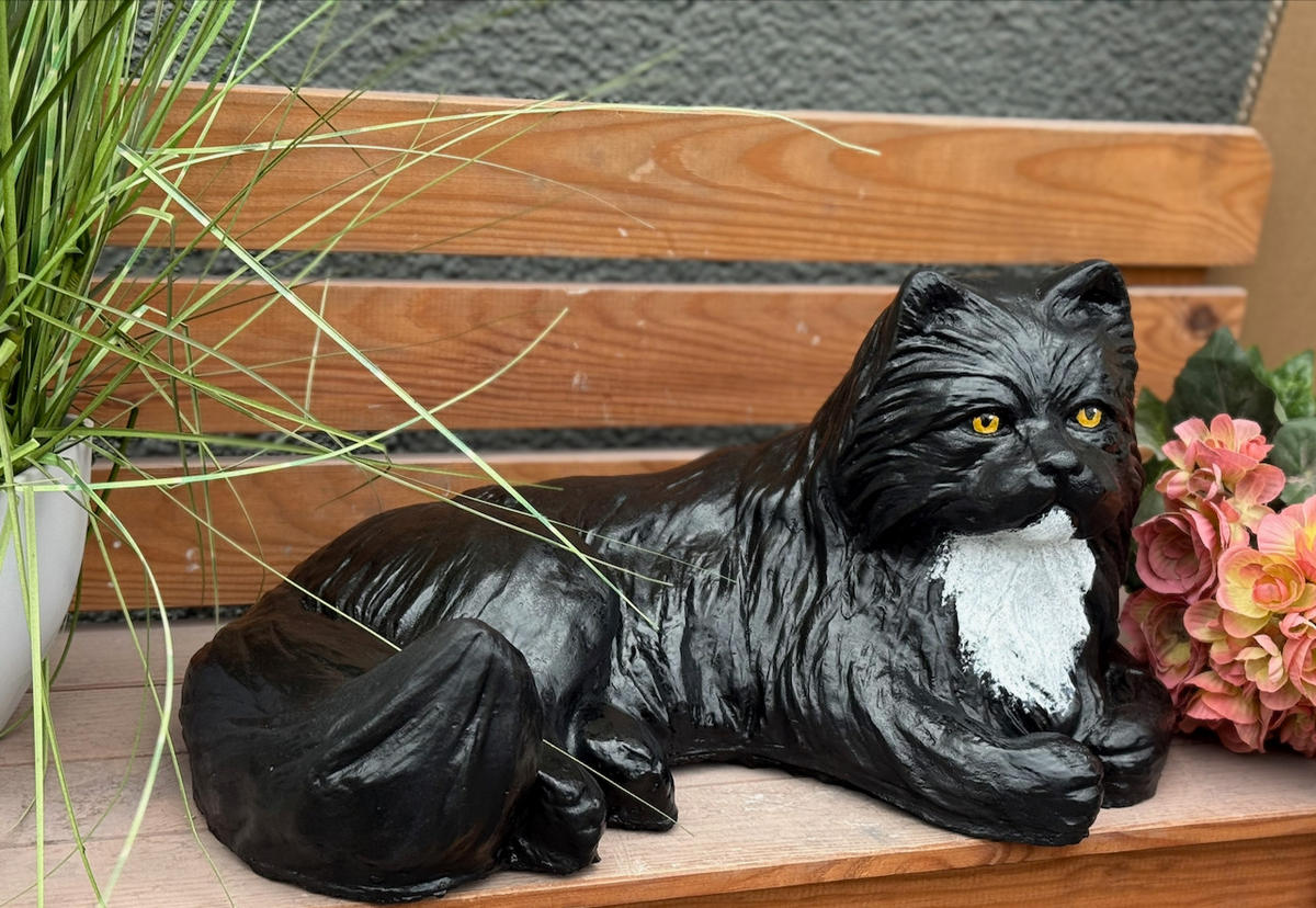 STEINFIGUR Katze liegend Kater schwarz frostfest, lebensgroß, - Schwarz, Stein (42/21/30cm) - stoneandstyle