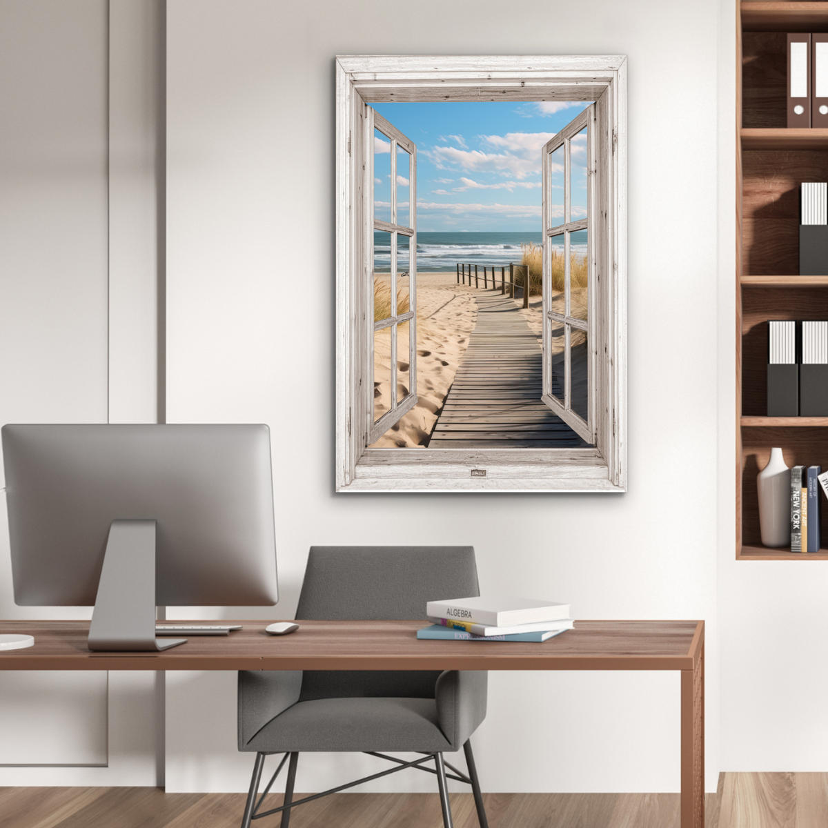 METALLBILD Fenster - Meer - Küste - Natur - Ausblick - Strand - Wattenmeer 60x90 cm - Beige, Metall (60/90cm) - MuchoWow