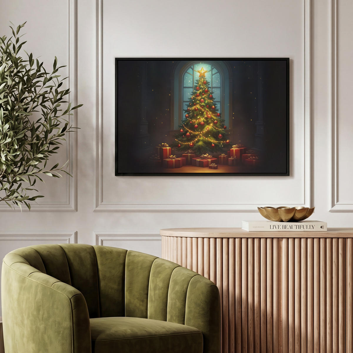 LEINWAND Bilder mit Rahmen - Weihnachtsbaum - Geschenk - Winter - 60x40 - Grün, Textil (60/40cm) - MuchoWow