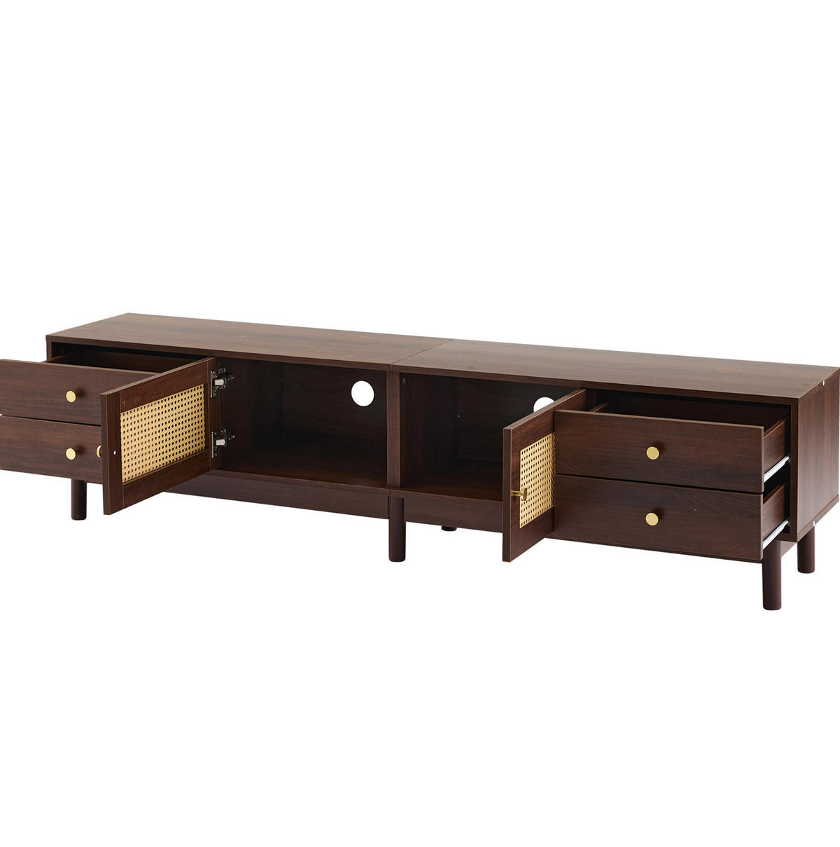 TV-SCHRANK aus Holzwerkstoff 180x35x44 cm Braun mit Rattantüren, 4 Schubladen, Kabelmanagement und hydraulischen Scharnieren - Rotbraun, Holzwerkstoff (180/44/35cm) - Modfu