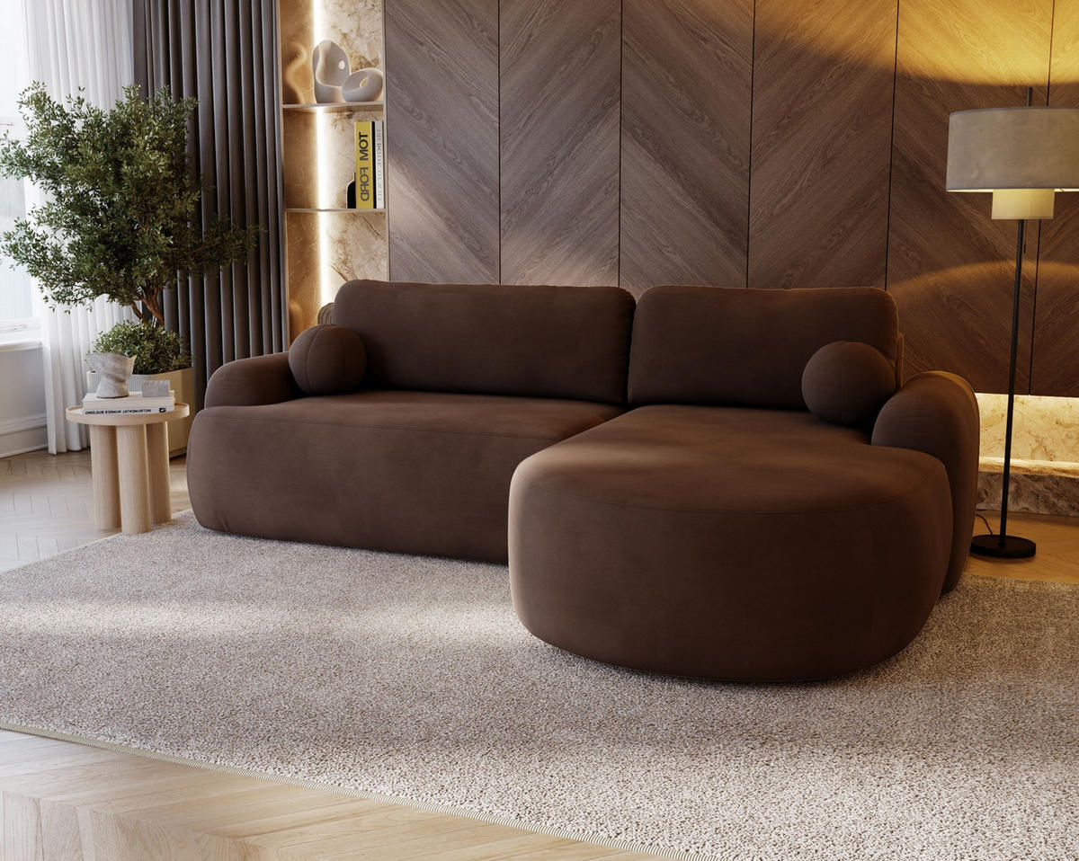 ECKSOFA Cloudy Dunkelbraun, Sofa aus Velourstoff mit Kissen, rechte seite - Dunkelbraun, Holzwerkstoff/Textil (261/177cm) - Bettso