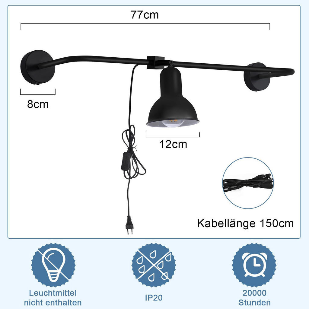 Thumbnail - Nettlife Wandleuchte, Schwarz, Metall, E27, 8x8x77 cm, Lampen & Leuchten, Innenbeleuchtung, Wandleuchten