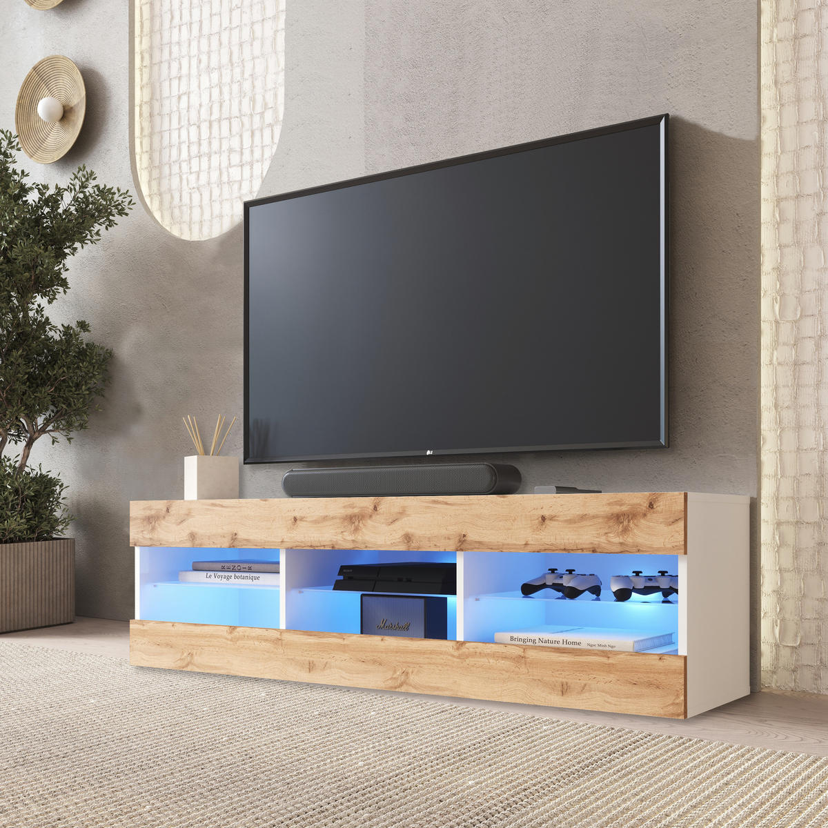 LOWBOARD TIVOLI RTV 140, Wotan, LED Blau - Eiche Wotan/Weiß, Glas/Holzwerkstoff (140/40.5/35.5cm) - Komodee