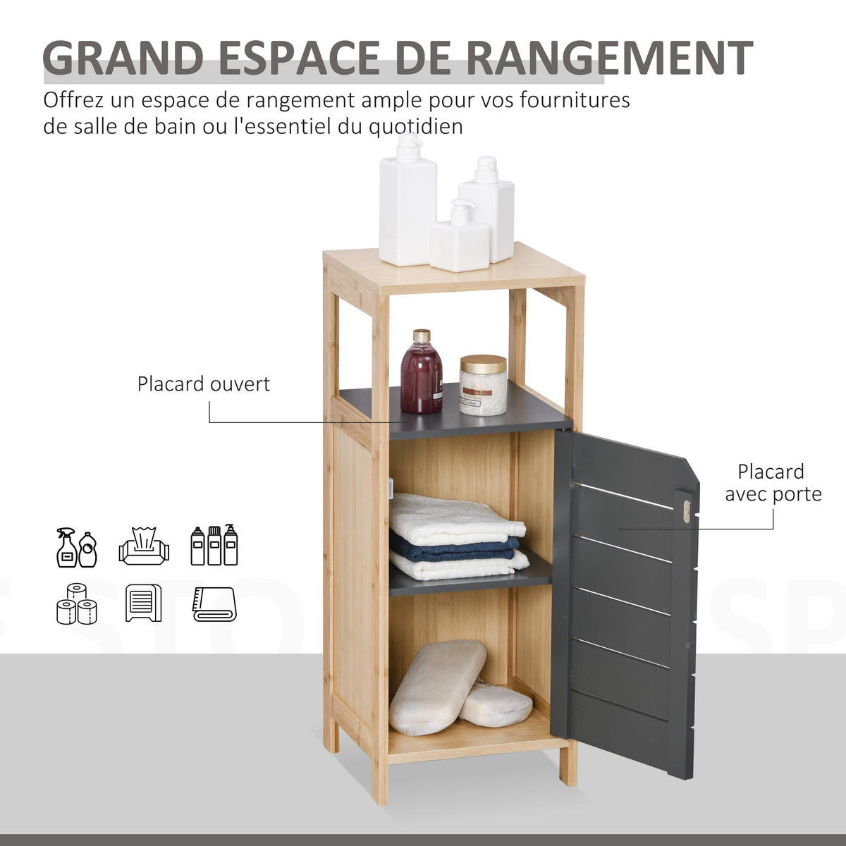 MIDISCHRANK DE-12325 32/30/80 cm mit Tür und Schublade Bambou und Grau - Grau, Holzwerkstoff (30/80/32cm) - ComfortXL