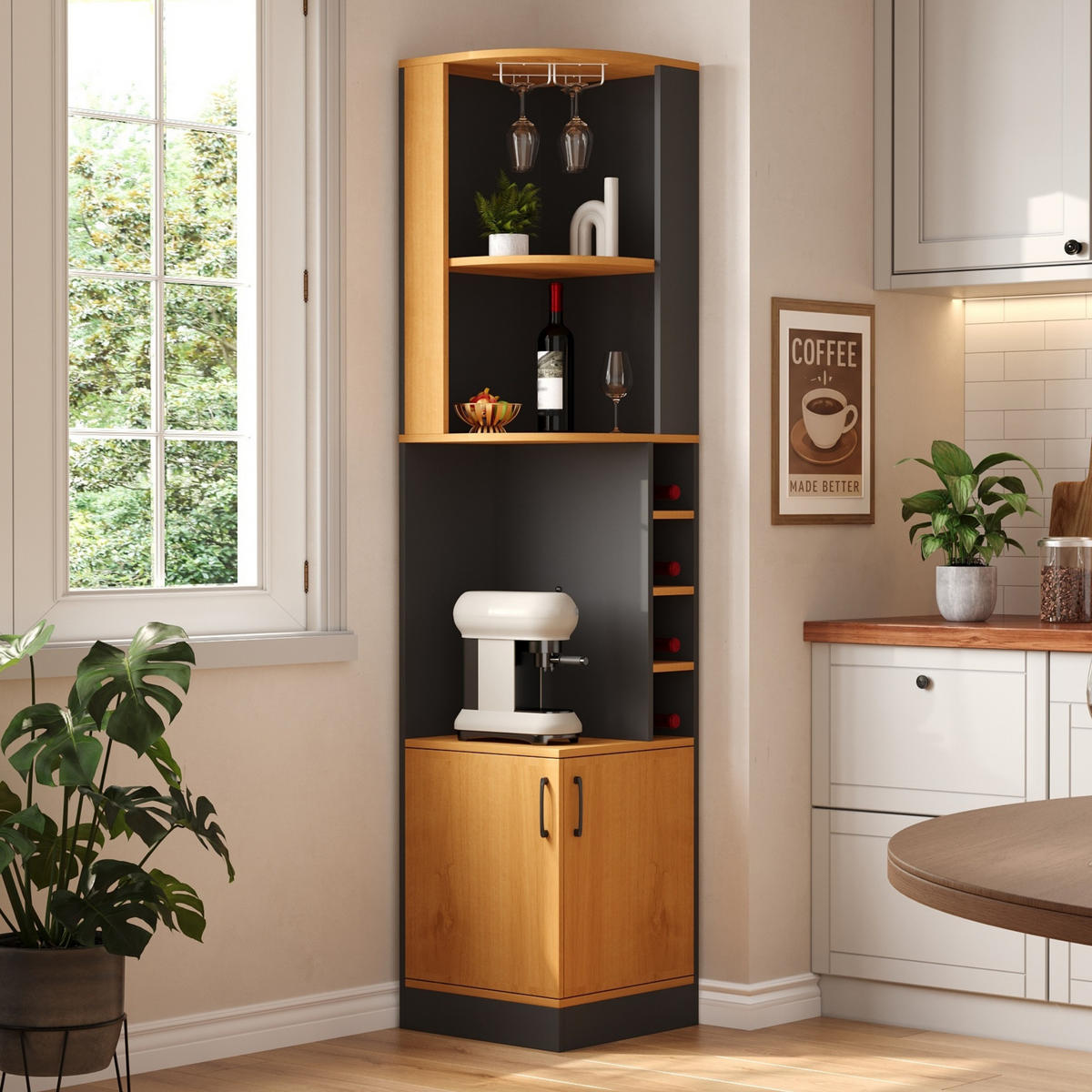 HIGHBOARD DE-38705 40/40/182 cm Weinglasregal und 4 Weinfächer Schwarz - Schwarz, Holzwerkstoff (40/182/40cm) - ComfortXL