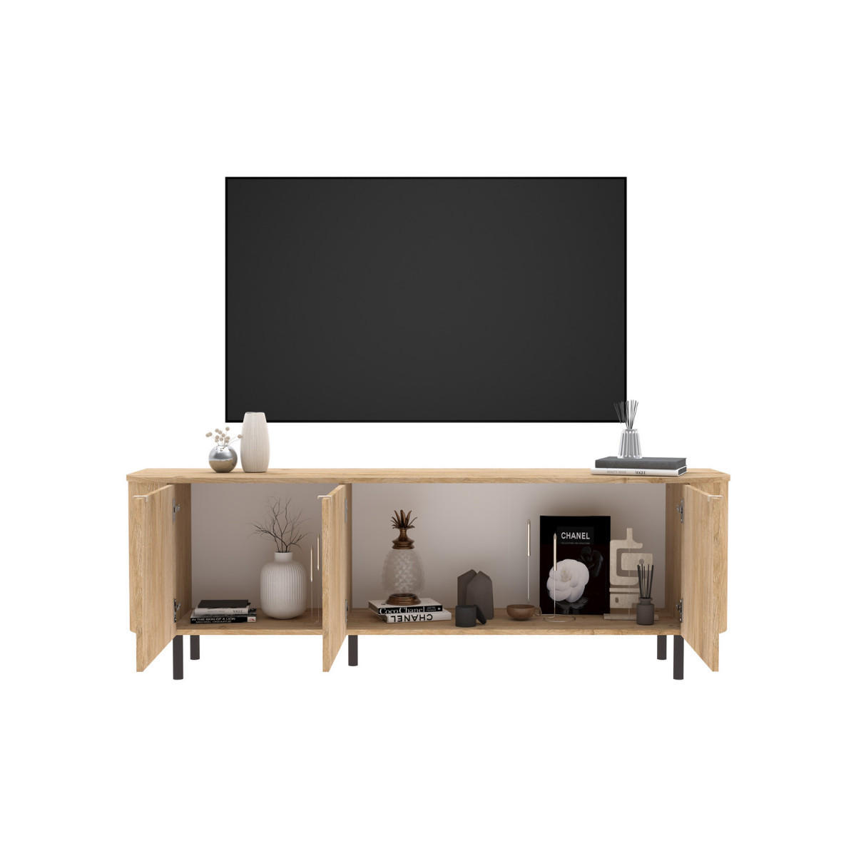 TV-MÖBEL mit 3 Türen abgerundeten Kanten Eichendekor 180,2/42/60,2 cm - Eschefarben, Holzwerkstoff (42/60.2/180.2cm) - Calicosy