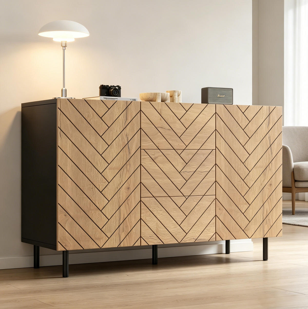 SIDEBOARD 120/40/76 cm Natur/Schwarz aus Spanplatte mit Stauraum - Naturfarben, Holzwerkstoff (120/76/40cm) - OKWISH