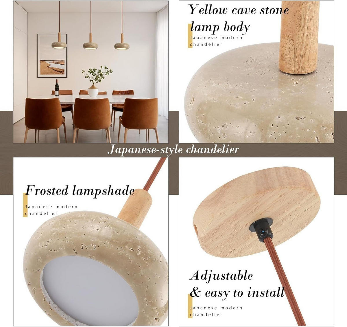 PENDELLEUCHTE Travertin Gelb LED & Holz, Höhenverstellbar - Gelb, Stein (10/15/15cm) - Authentics