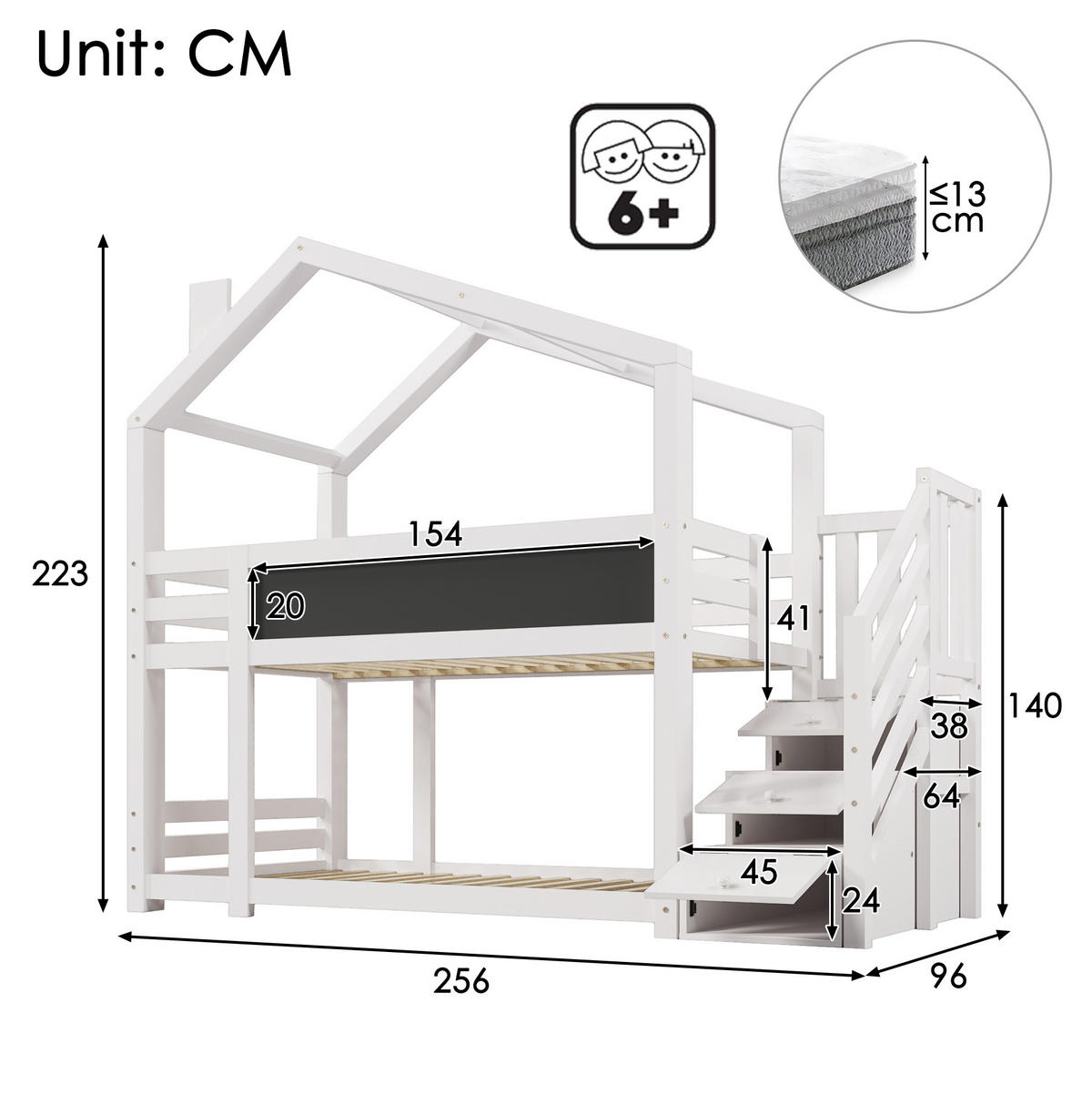 HAUSBETT 90/200 cm in Weiß mit Tafel und Stauraum - Weiß, Holzwerkstoff (90/200cm) - Flora Grace