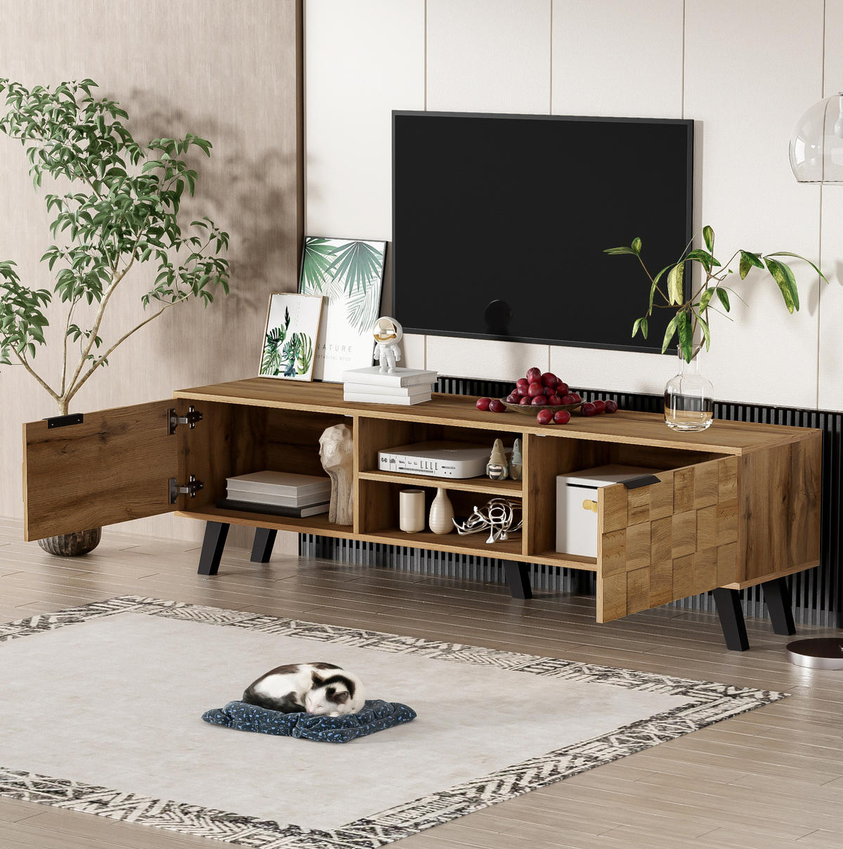 TV-SCHRANK in Holzoptik mit Türen und offenen Fächern 160.5/35.5/45 cm - Eichefarben, Holzwerkstoff (160.5/45/35.5cm) - Redom