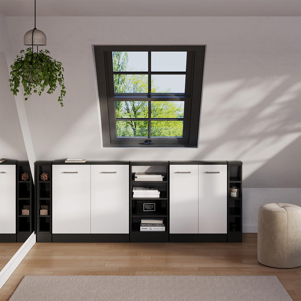 DACHSCHRÄGENSCHRANK-SET Rion Weiß Hochglanz/Anthrazit 5er Set - Weiß Hochglanz/Anthrazit, Holzwerkstoff (215/81.6/46cm) - Vicco