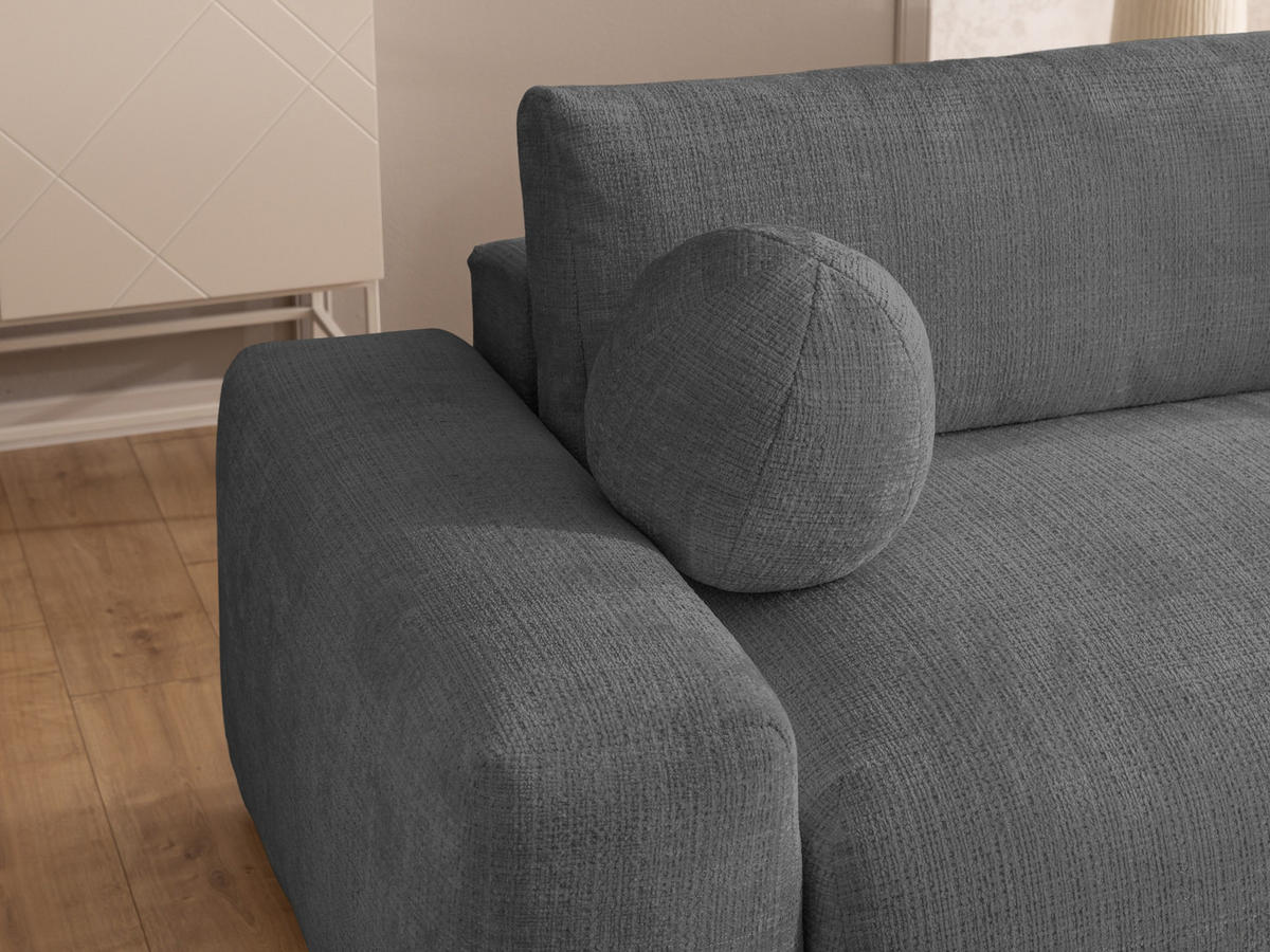 ECKSOFA Puffy mit Schlaffunktion und Bettkasten - besonders weich und puffig aus Grau Chenille-Stoff - Ottomane rechts - Schwarz/Grau, Holz/Kunststoff (266/138cm) - S-Style Möbel