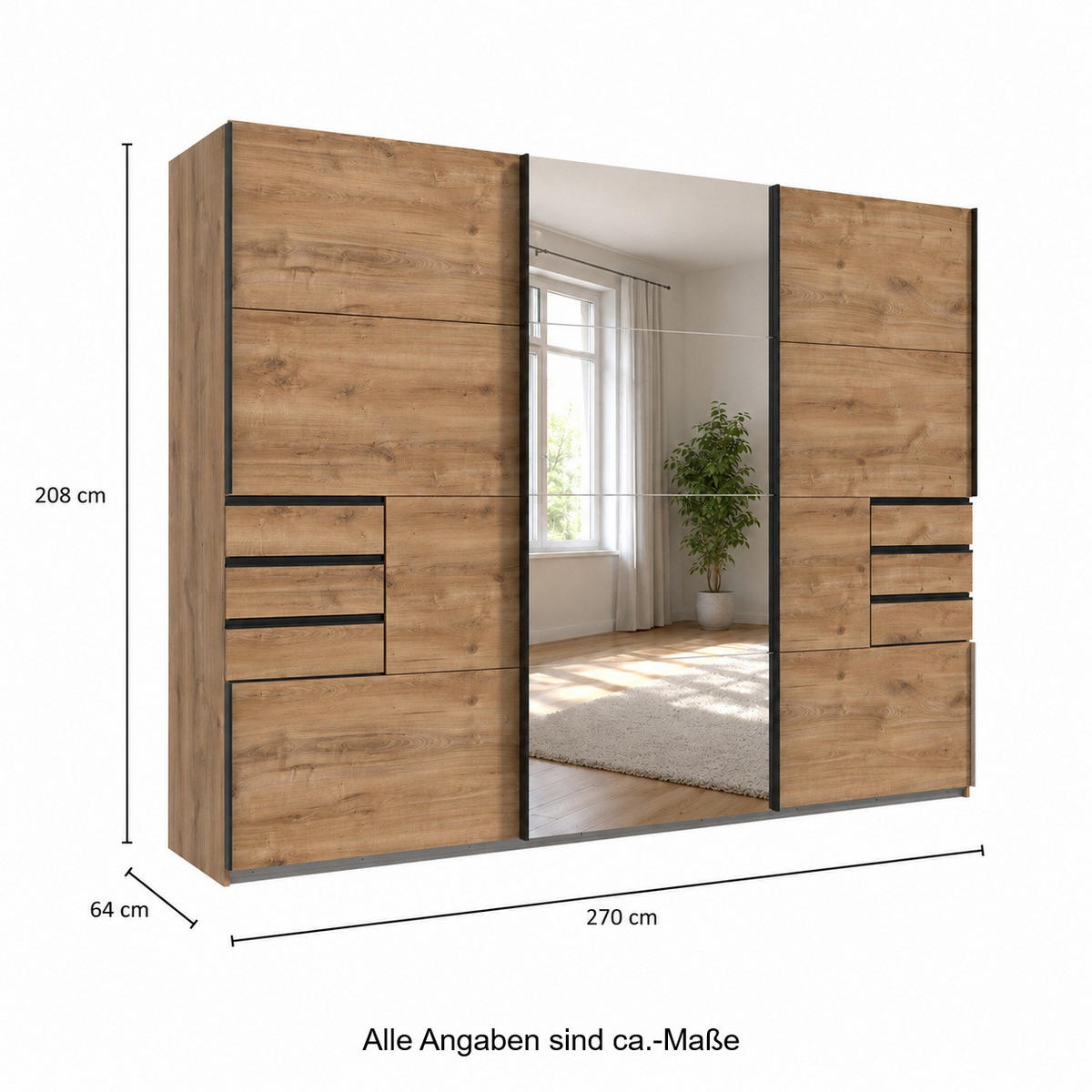 SKŘÍŇ S POSUVNÝMI DVEŘMI, 3dveřová, šířka 270 cm, výška 208 cm, hloubka 64 cm, dekor dub, jedny zrcadlové dveře, se zásuvkami / 22612 - černá/barva dubu, kov/kompozitní dřevo (270/208/64cm) - luma-home