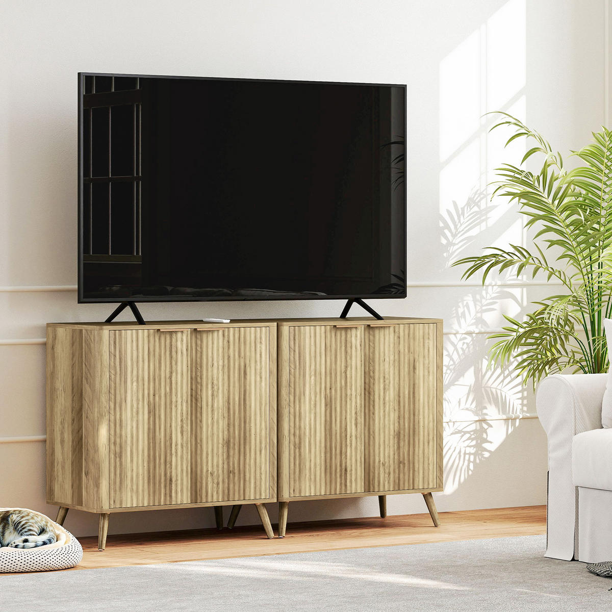 SIDEBOARD DE-11166 Wellen-Design, verstellbare Böden Holzoptik - Eichefarben, Holzwerkstoff (77/81/40cm) - ComfortXL