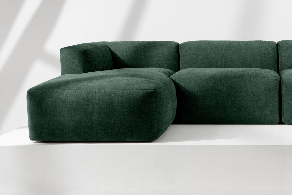 ECKMODULSOFA-LINKS BUFFO 6-Sitzer mit extrem weicher Sitzfläche, Gewebestoff, marine - Blau/Grün, Textil (377/180cm) - KONSIMO®